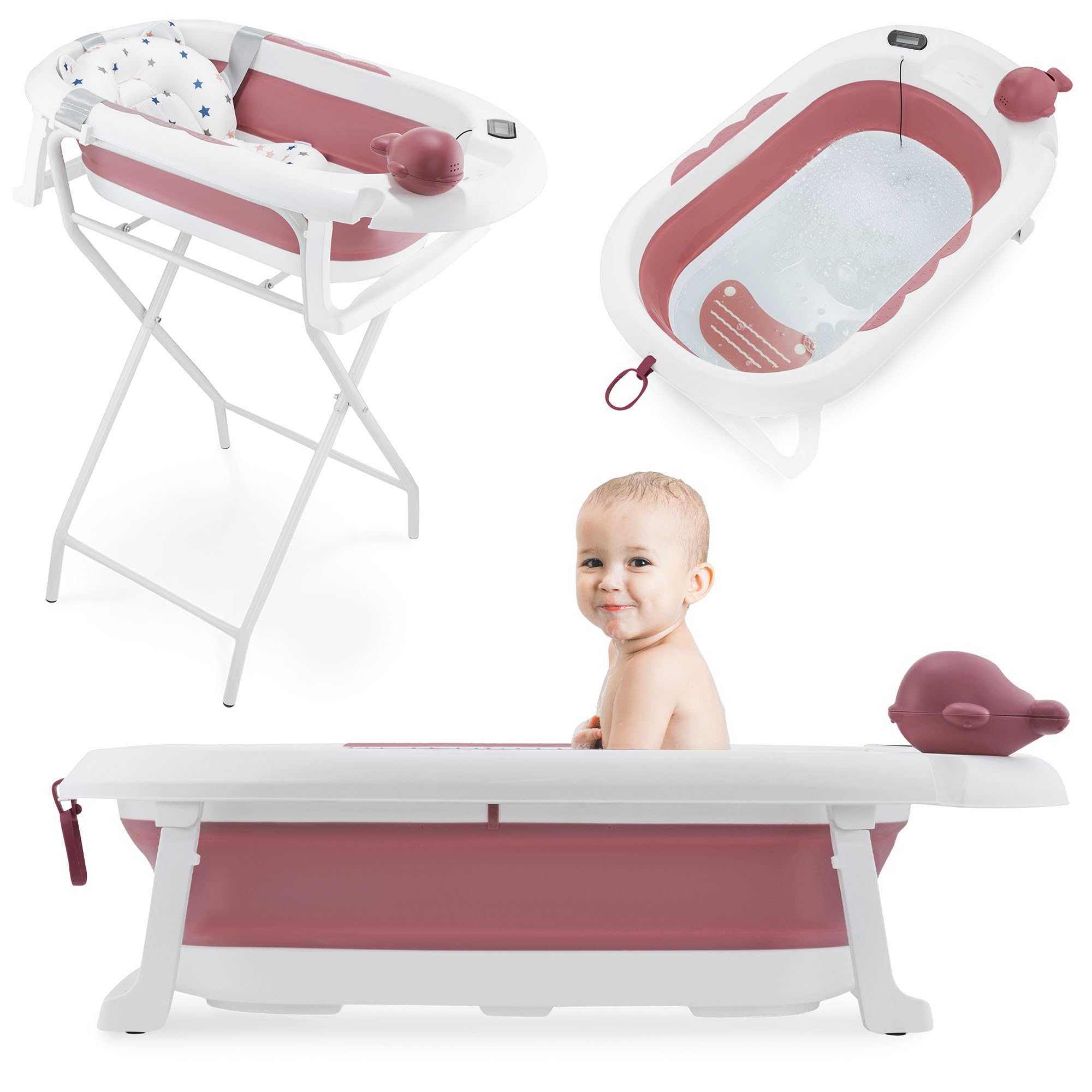 Moby-System Bañera Bebé Plegable con Termómetro LCD Incluye Inserto Soporte Alto y Bajo Vasito de Ballena – Compacta y Segura desde Recién Nacido – Rosa Empolvado