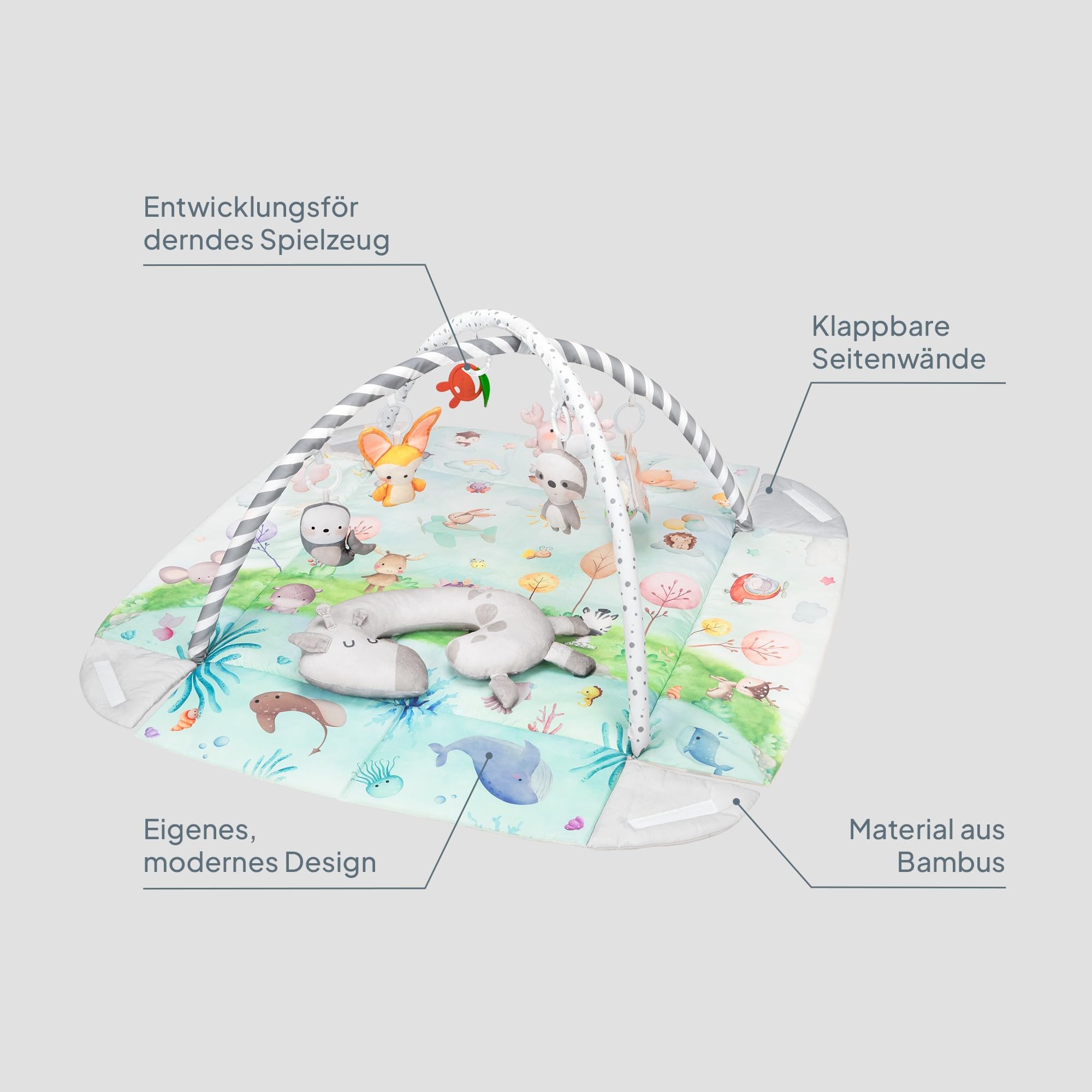 Lionelo Anika Natural Baby Spielmatte aus Bambus 0+ | mit 8 abnehmbaren Spielzeugen & Spielbogen, weiche Activity-Matte für Tummy Time & Bauchlage