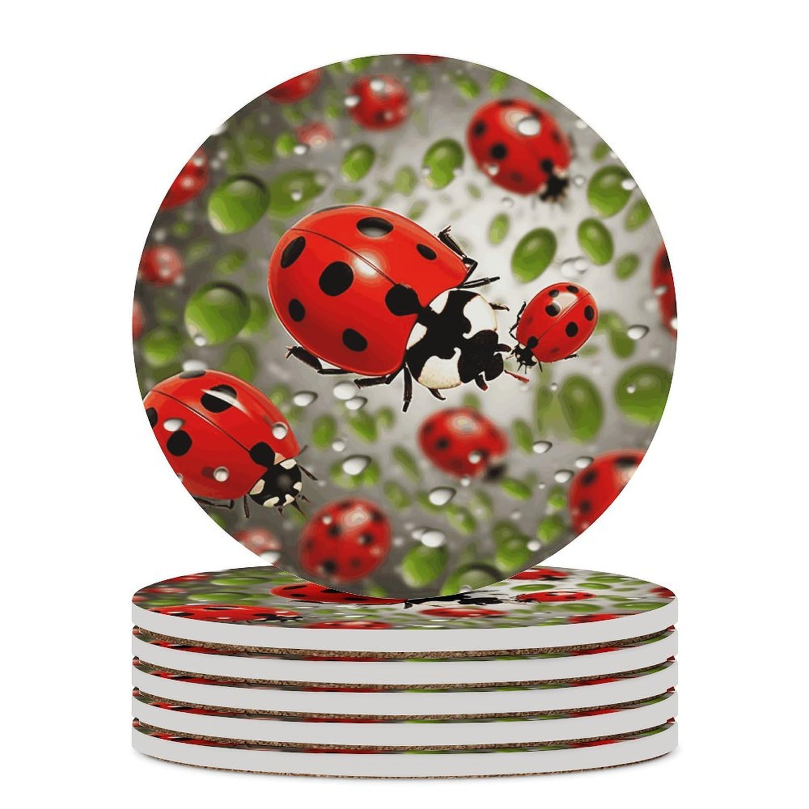 Ladybug Coaster with Cork Base Drink Coasters for Coffee Table Decor Modern Cup Coasters with Non-Slip & Heat-Resistant Cute Ceramic Table Coaster for Home Dining