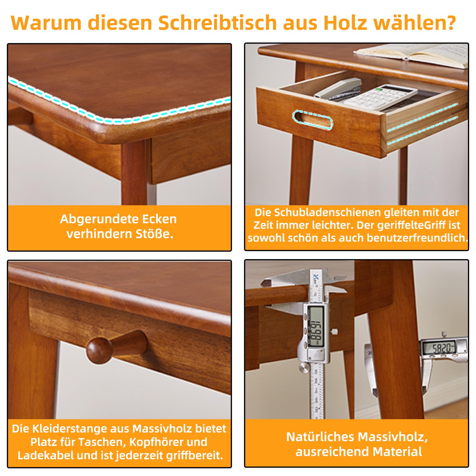 Aibiju Massivholz-Schreibtisch mit Schubladen, 120 cm Computertisch für modernen minimalistischen Stil, Home-Office-Schreibtische, Studenten-PC-Schreibtisch für Schlafzimmer, Braun YD-WD03H