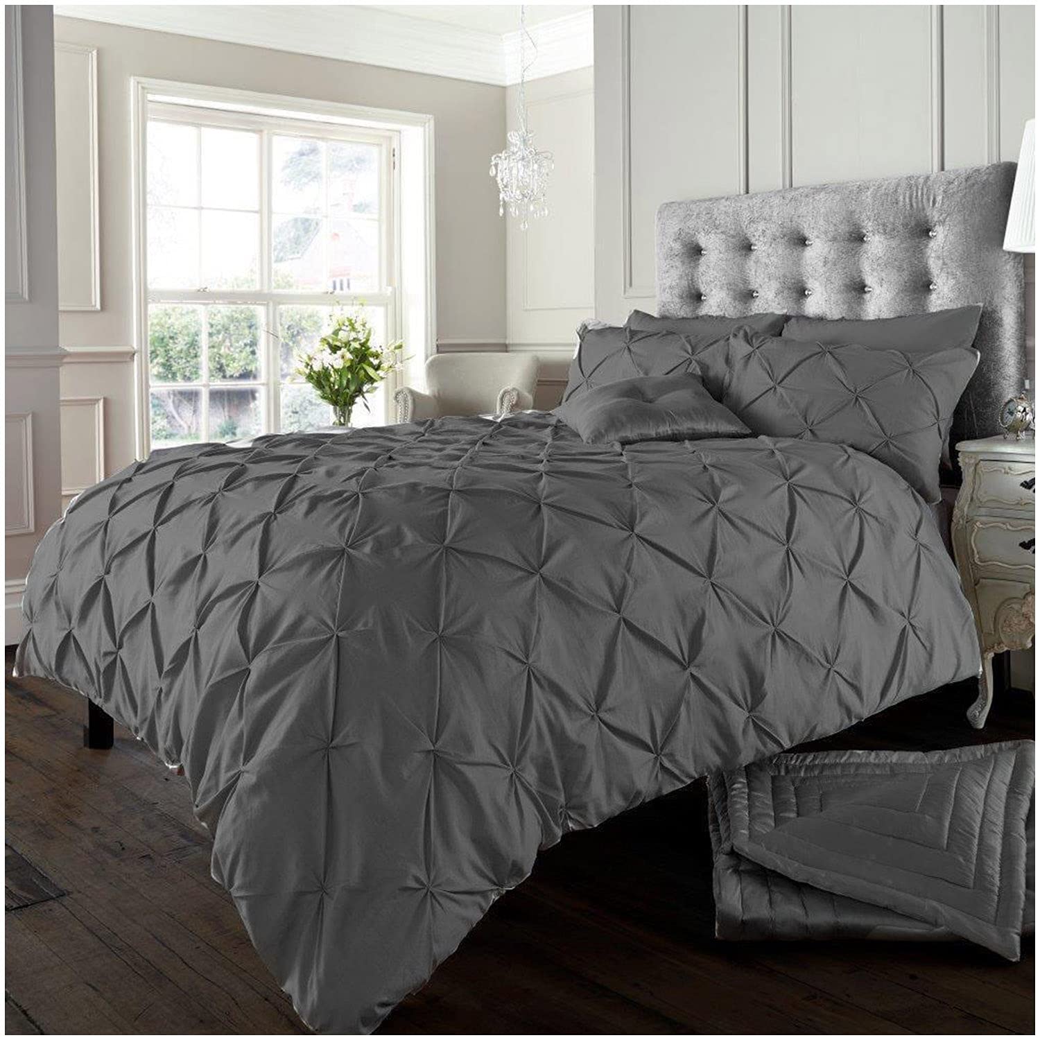 Gc Gaveno Cavailia Charcoal Pintuck Duvet Cover, Polycotton Pleated Bedding Bed Set, Double