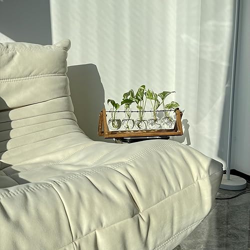 Miniatura 4 de Kingbuy Estación de propagación de plantas con 5 jarrones de bombilla, soporte de madera retro, maceta de vidrio de escritorio, terrario para