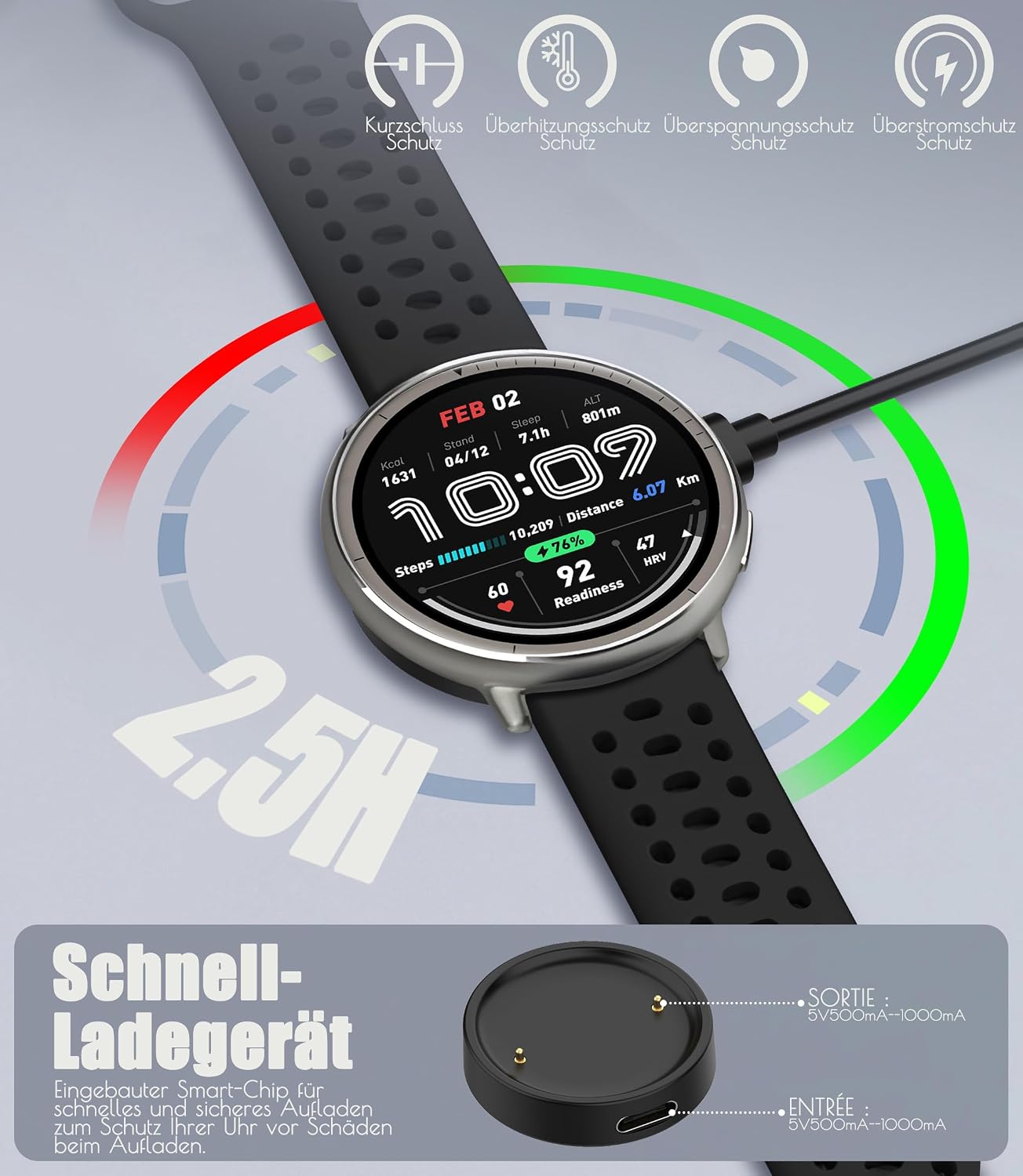 Зарядное устройство USB-C, совместимое с Amazfit Active 2 / Amazfit Bip 6, длина 100 см, замена зарядного кабеля для зарядной станции Amazfit Active 2, Bip 6, черный