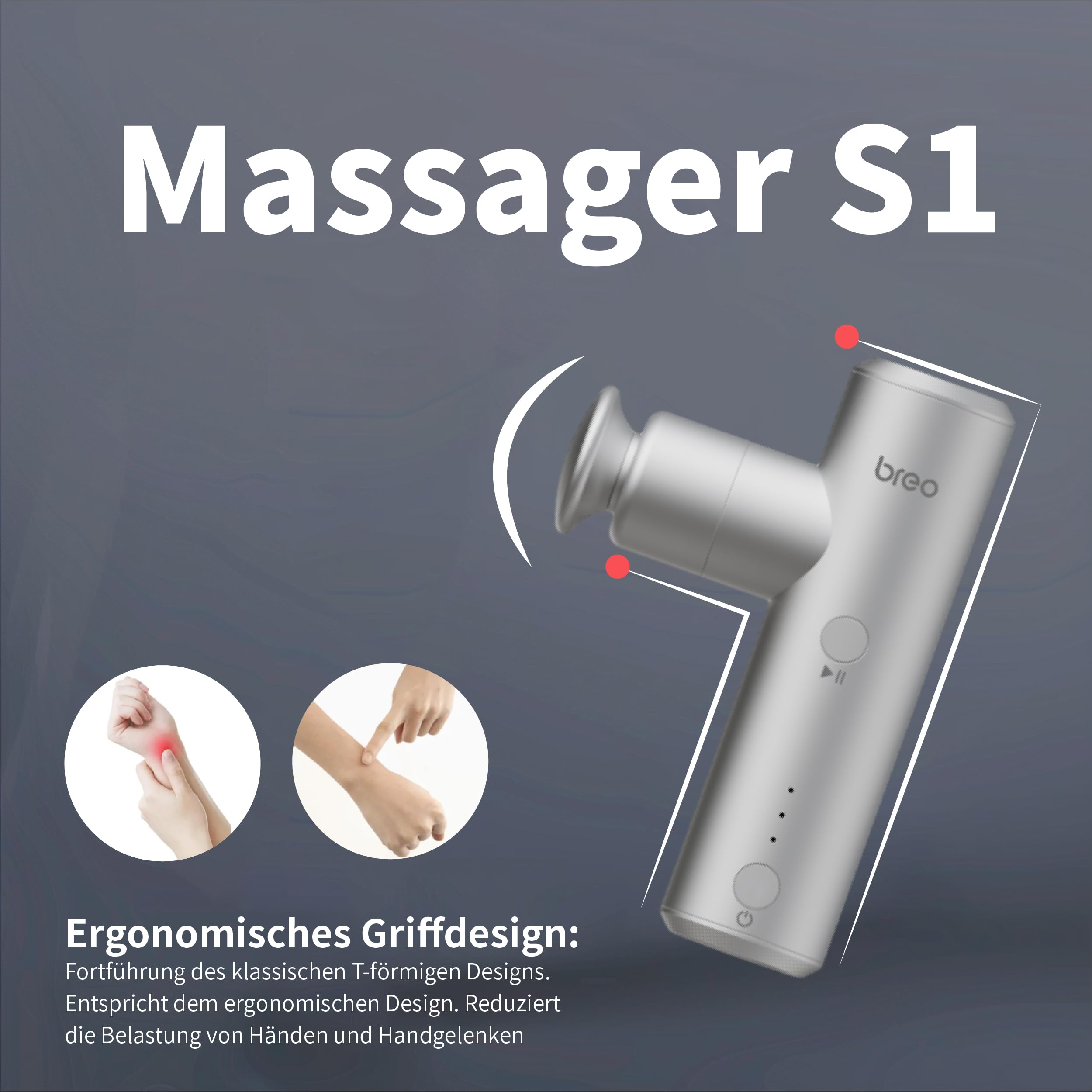 Breo S1 Mini Pistola de Masaje, Pistola de Masaje Portátil Pequeña 0,19 kg y 4 Niveles Mini Masaje Gun con 4 Cabezales de Masaje, Masajeador Silencioso, Super Duración de la Batería, Batería USB Tipo