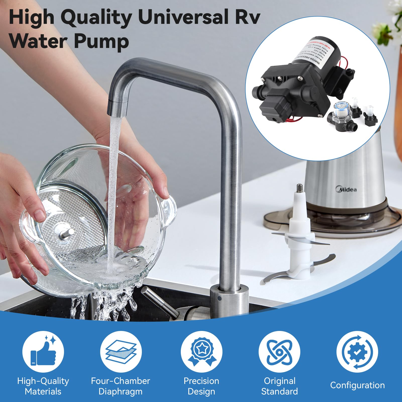 Bomba de agua de 12 V con interruptor de presión, Shurflo 4008101E65 RV Bomba de agua Diafragma de repuesto 55 Psi 3 galones por minuto 7,5 amperios 12 V RV Caravana Bomba de