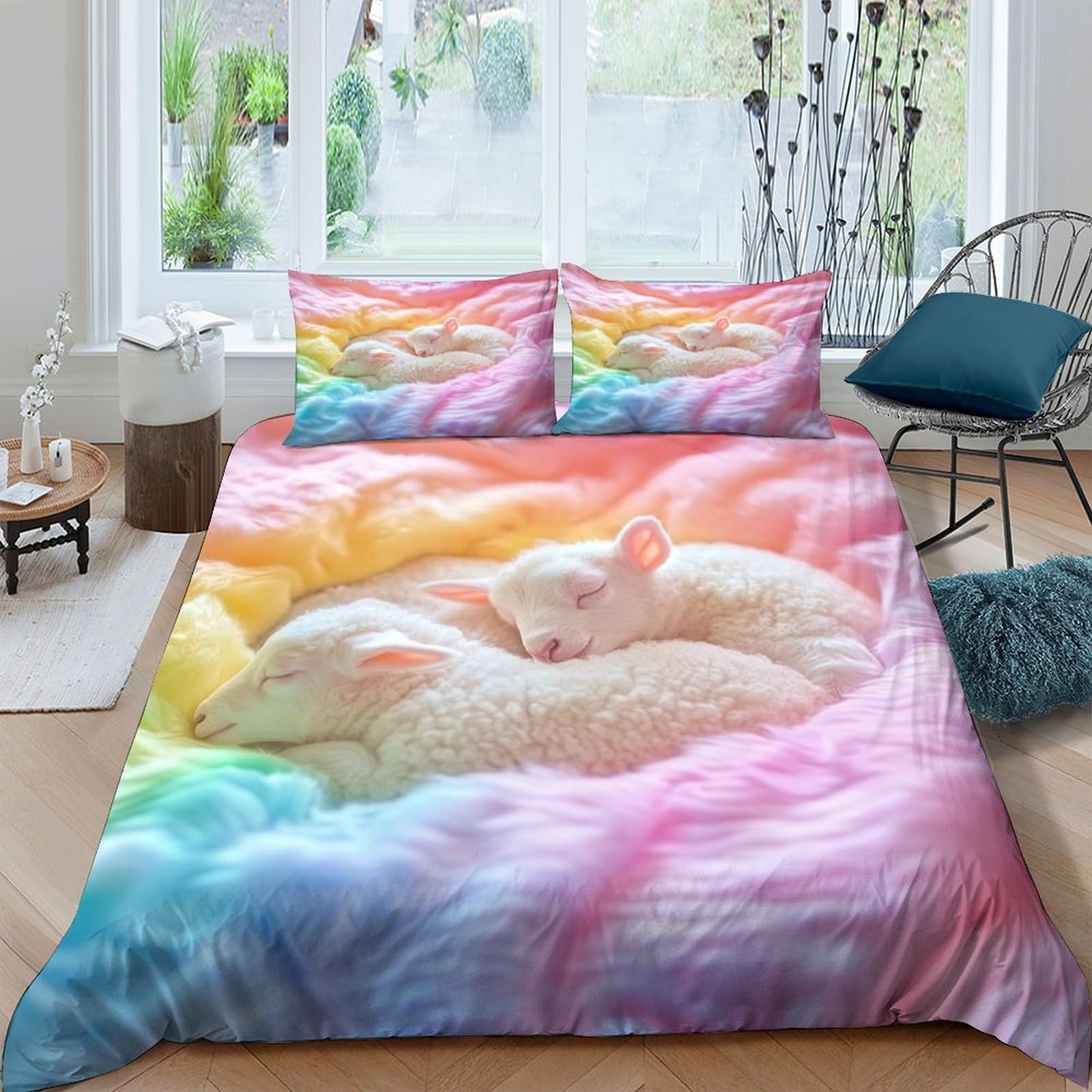 GPLZQXKJNH 3D Printed Rainbow Sleeping Sheep Duvet Cover Microfiber Soft Breathable Pastel Cloud Quilt Cover Set with 2 Pillowcases for Bedroom Home Decor Single（135x200cm）