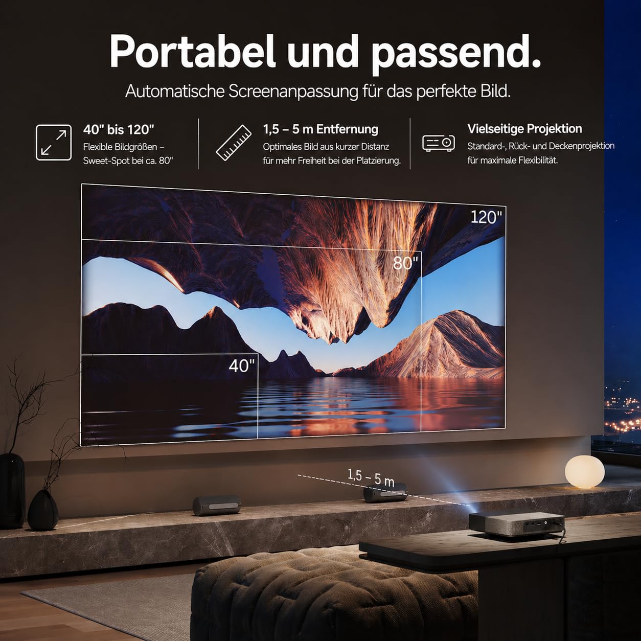 LOEWE We. Beam, Mini Beamer, Projektor, Full HD, ALPD Laser | Entwickelt in Deutschland, Mini Beamer, Full HD, ALPD Laser, 500 ANSI Lumen, Dolby Audio Lautsprecher, 40-120 Zoll, USB-C PD