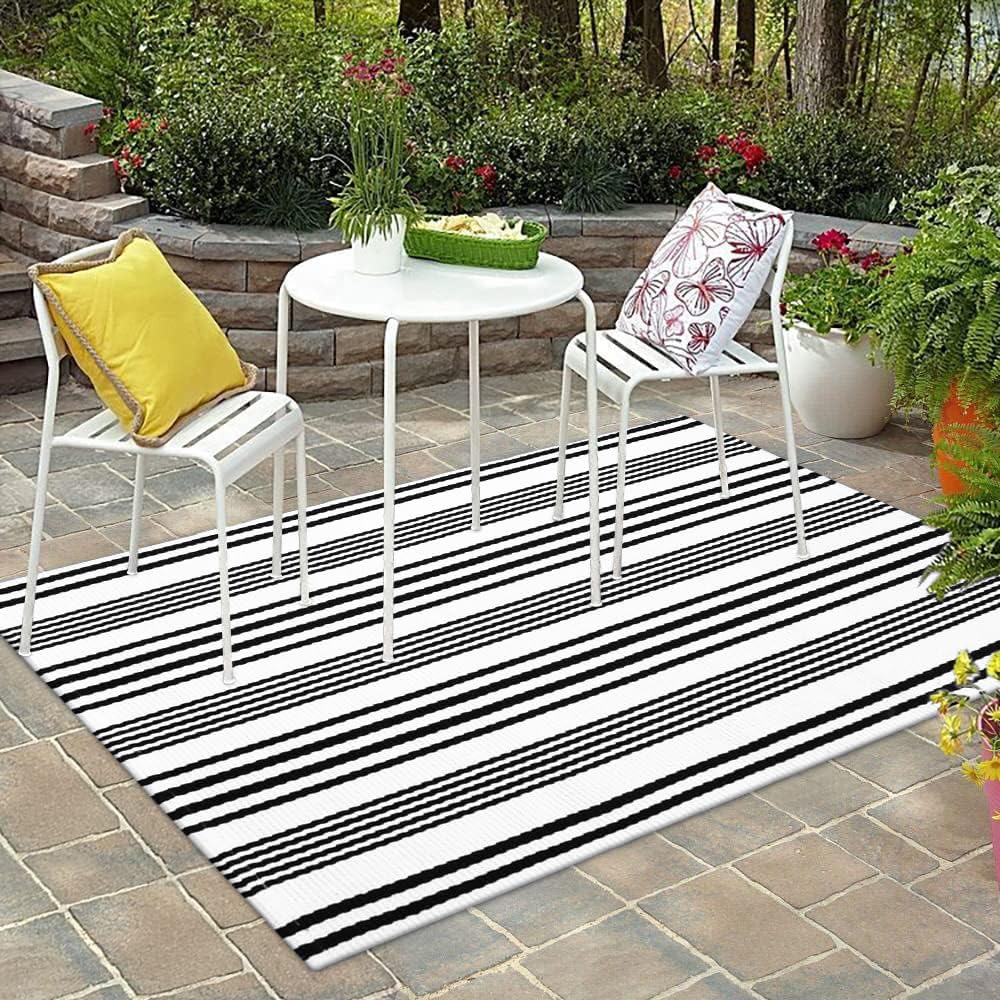 Black and White Striped Outdoor Rug,4’x6’Cotton Modern Farmhouse Rug Hand-Woven Reversible Door Mat Washable Doorway Carpet for Patio Kitchen Bedroom