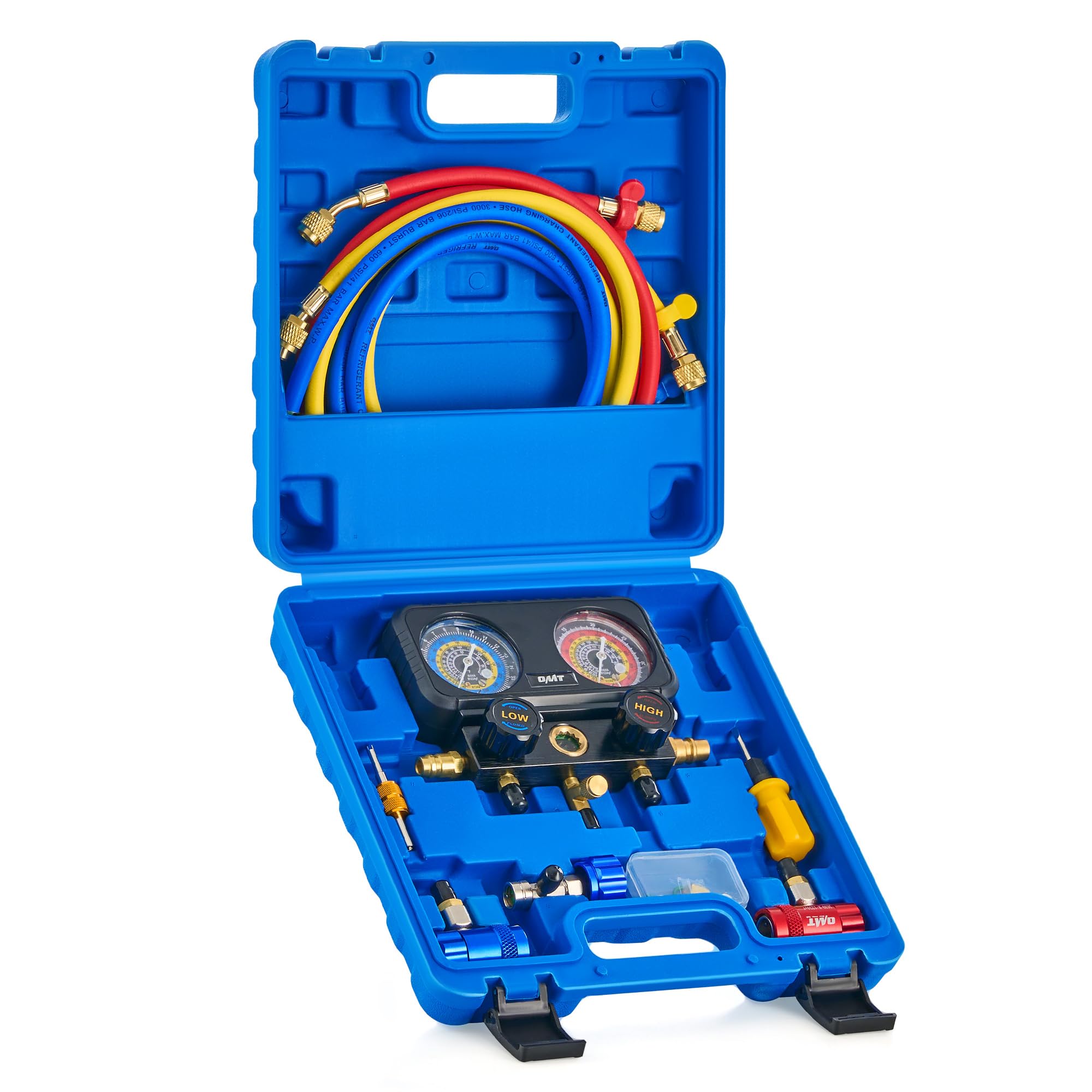 Orion Motor Tech AC Diagnostic Manifold Gauge Set for Refrigerant Charging, 3 Way HVAC Gauges with Hoses for R1234yf R404a R134a, AC Line Repair Tool Quick Couplers & Self Sealing Tap 1/2" LH Threads