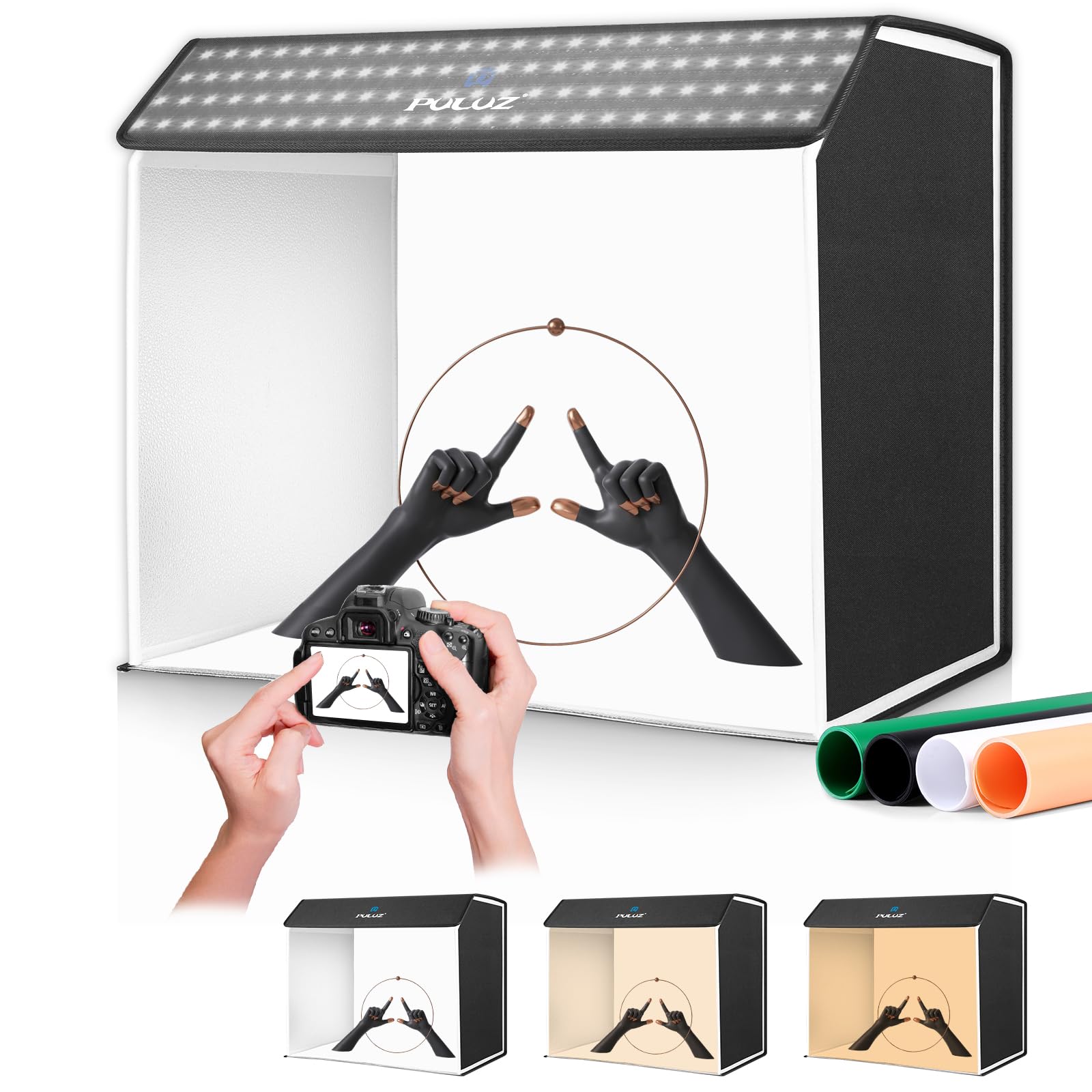 PULUZ Studio Photo Box Portatile 60x40X50cm, Scatole di Luce Kit con Temperature di 3 Colori Regolabili 672pcs LED & 4 PVC Sfondi per Fotografia Prodotti