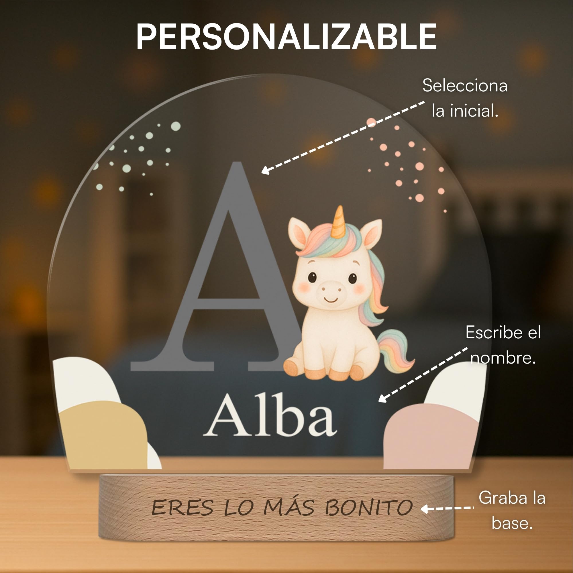 Lámpara Infantil Personalizada con Nombre e Inicial - Lámpara Quitamiedos con Luz LED - Regalo Original para Bebé, Bautizo, Cumpleaños (Unicornio)