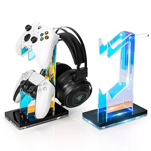 OAPRIRE Controller Holder Headset Stand with Lights, 2 Tier Acrylic Gaming Controller Stand for PS4, PS5, Xbox ONE, Switch, Universal Design (Black) - 2 Tier-Lights - Black