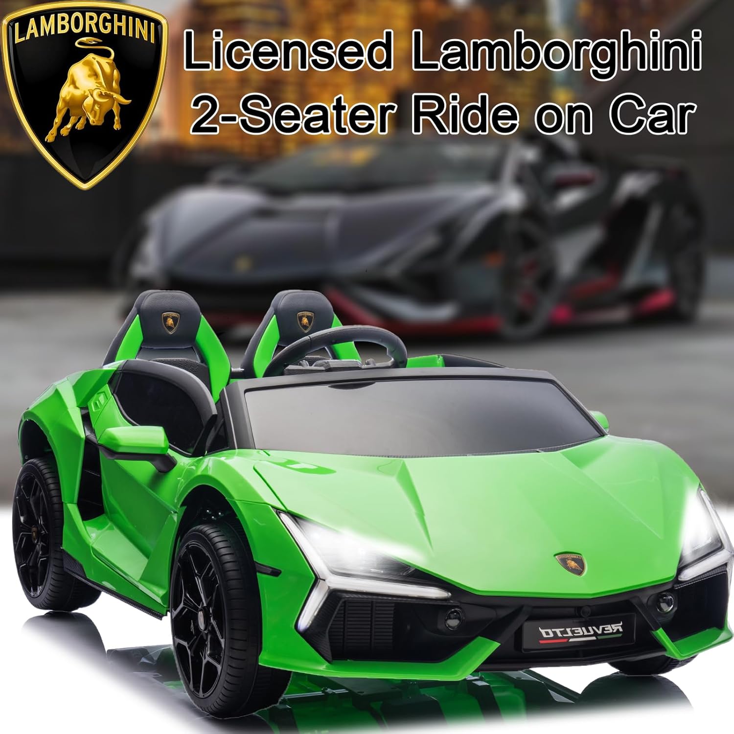 FINITO XXL Licensed Lamborghini 24V 4WD Kids Electric Car with Remote Control, Hydraulic Doors, LED Lights & Music, 2 Seater Ride on Toy for 3-8 Years Old (Green)
