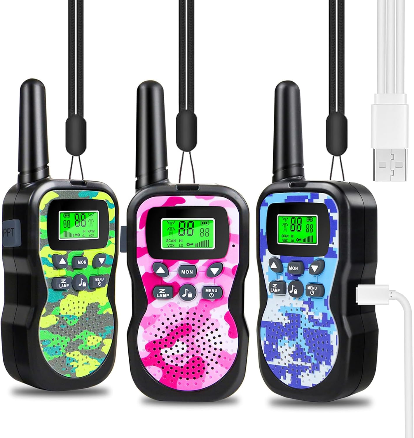 JUAUO 3PCS Talkie Walkie Enfants Rechargeable, 8 Canaux Radio à 2 Voies Talkie-Walkie Longue Portée 3 KM, Cadeaux d'anniversaire pour Garçons Filles, Jouets de Plein air pour Enfants de 3 à 12 Ans