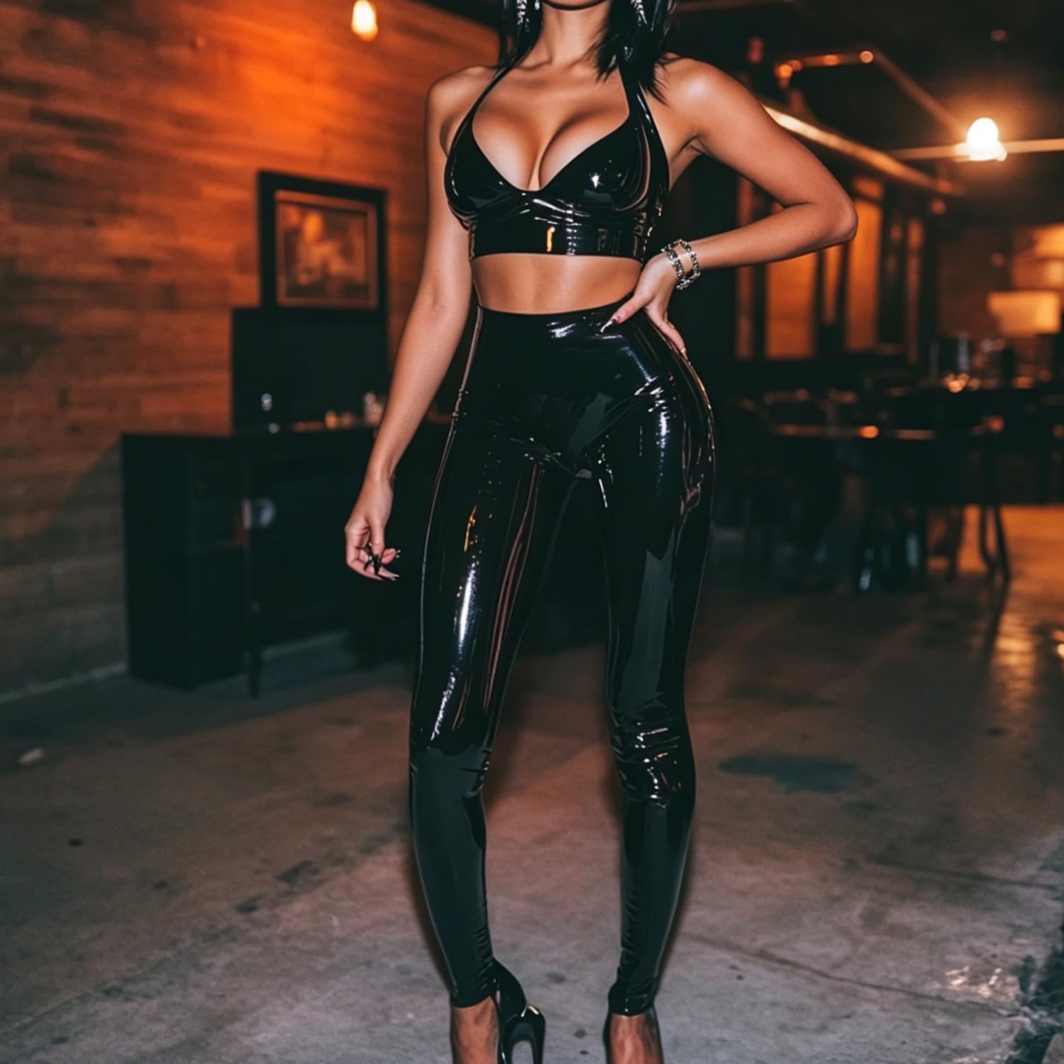Leggings en Latex en Forme de U Noir,Pantalons en Caoutchouc pour Femme avec Fermeture éclair à l'entrejambe Fait Main