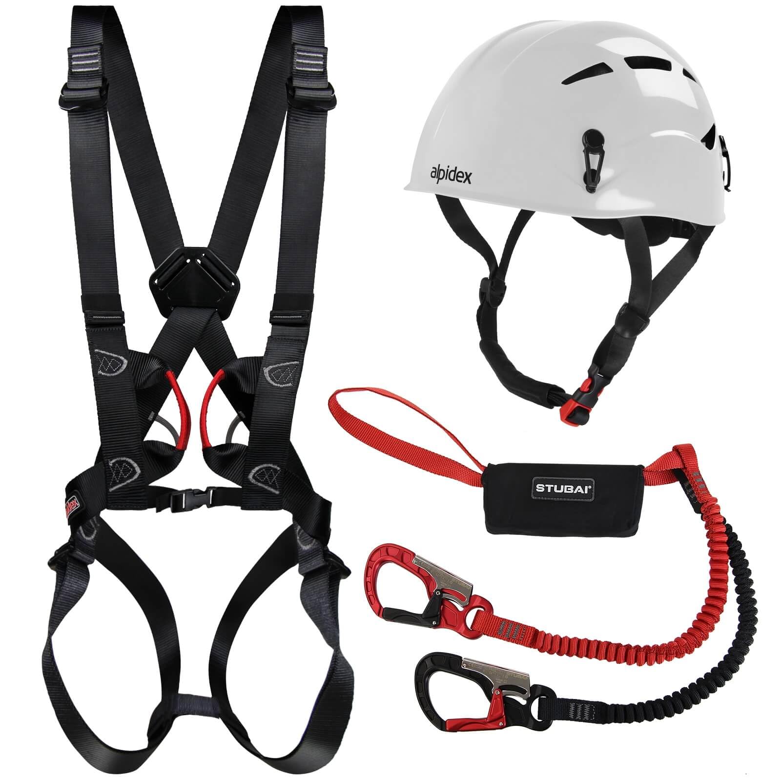 Diverse ALPIDEX Kletterhelm in bright white + ALPIDEX Komplettgurt Klettergurt + Stubai Klettersteigset BASIC 3.0