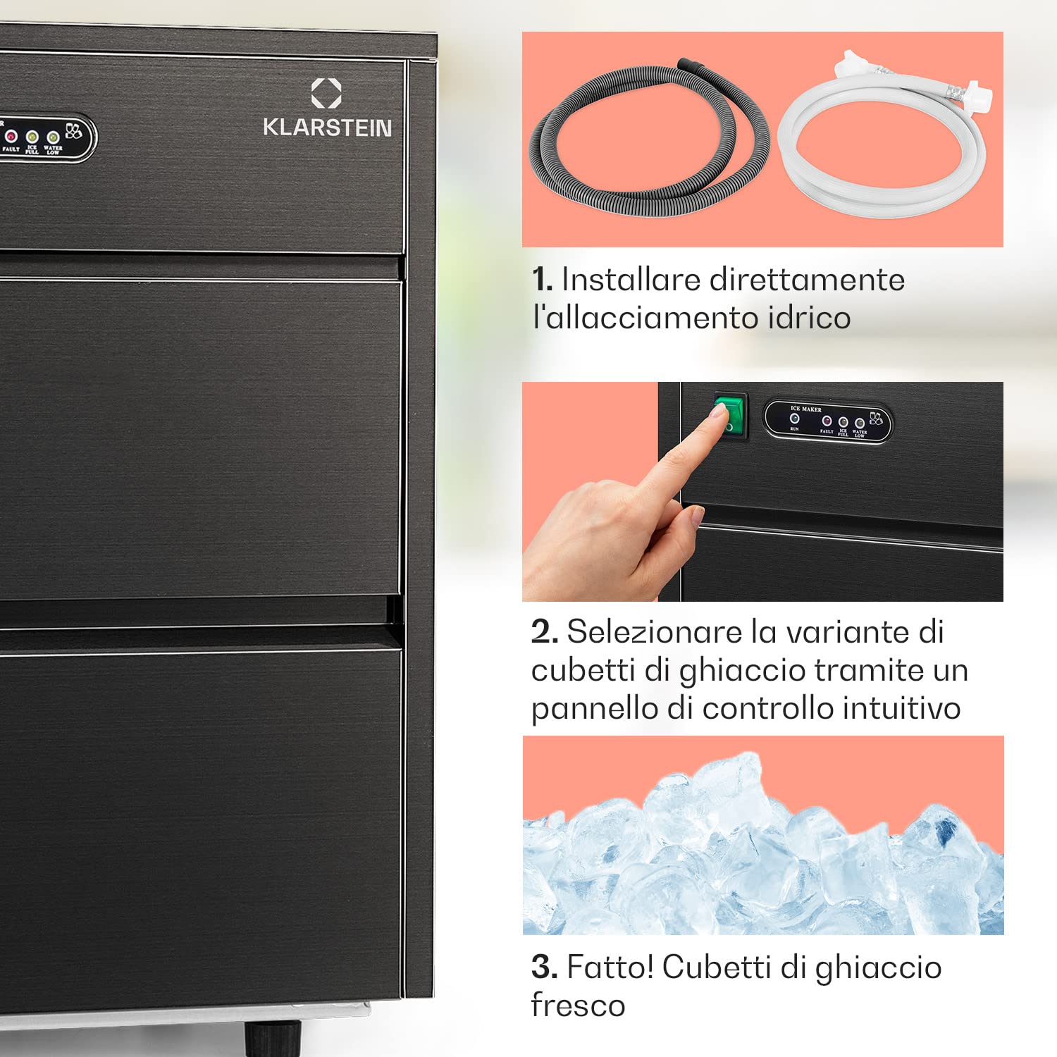 Klarstein Powericer Macchina Ghiaccio Casa 145W, Professionale, Fabbricatore Ghiaccio Secco fino a 20kg, Cubetti di Grandi e Piccole Dimensioni, Serbatoio 3.5kg