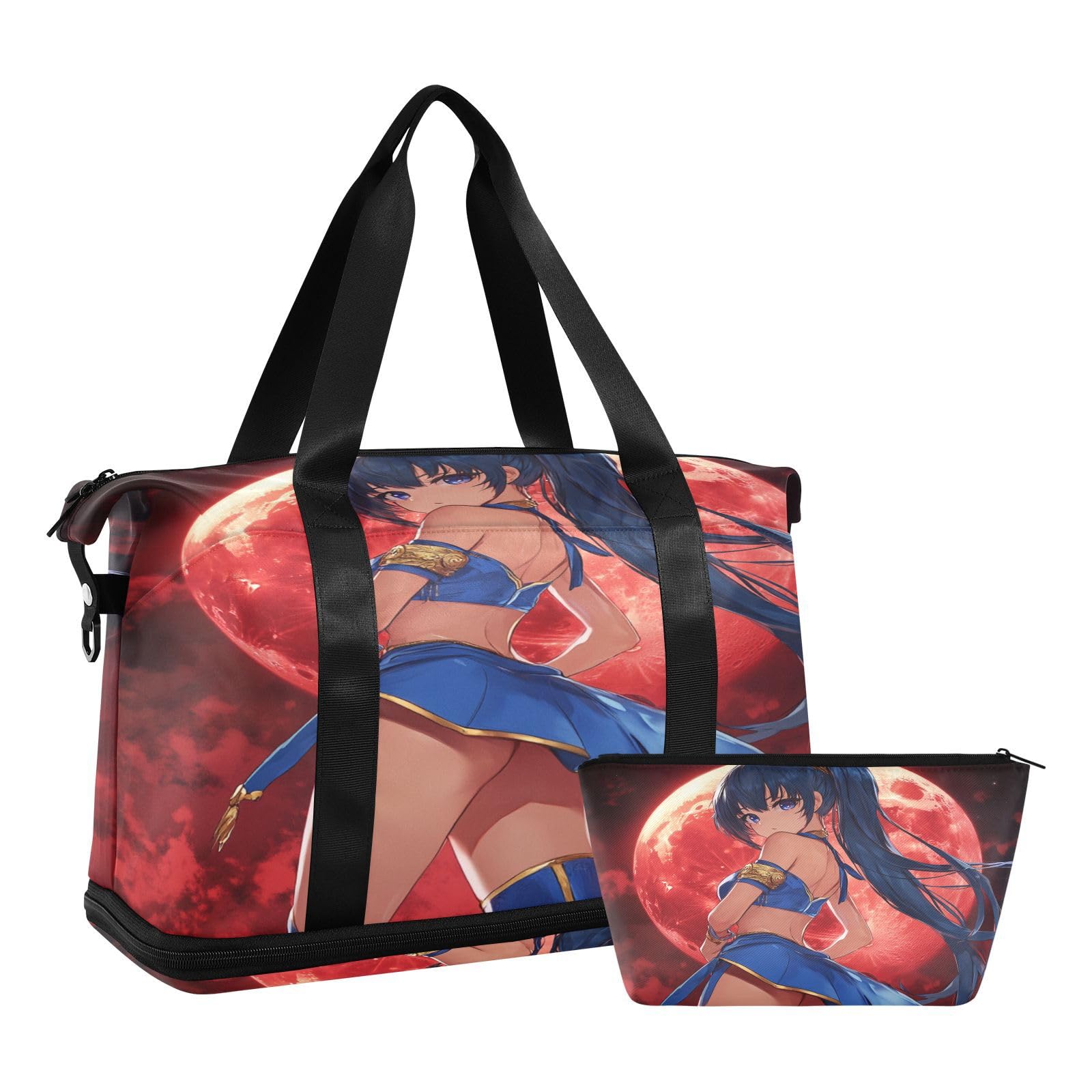 Bolsas de viaje de estilo anime, con fondo de luna roja, con bolsillo mojado, correa ajustable, para gimnasio, para viaje, juego de 2 piezas para hombres y mujeres