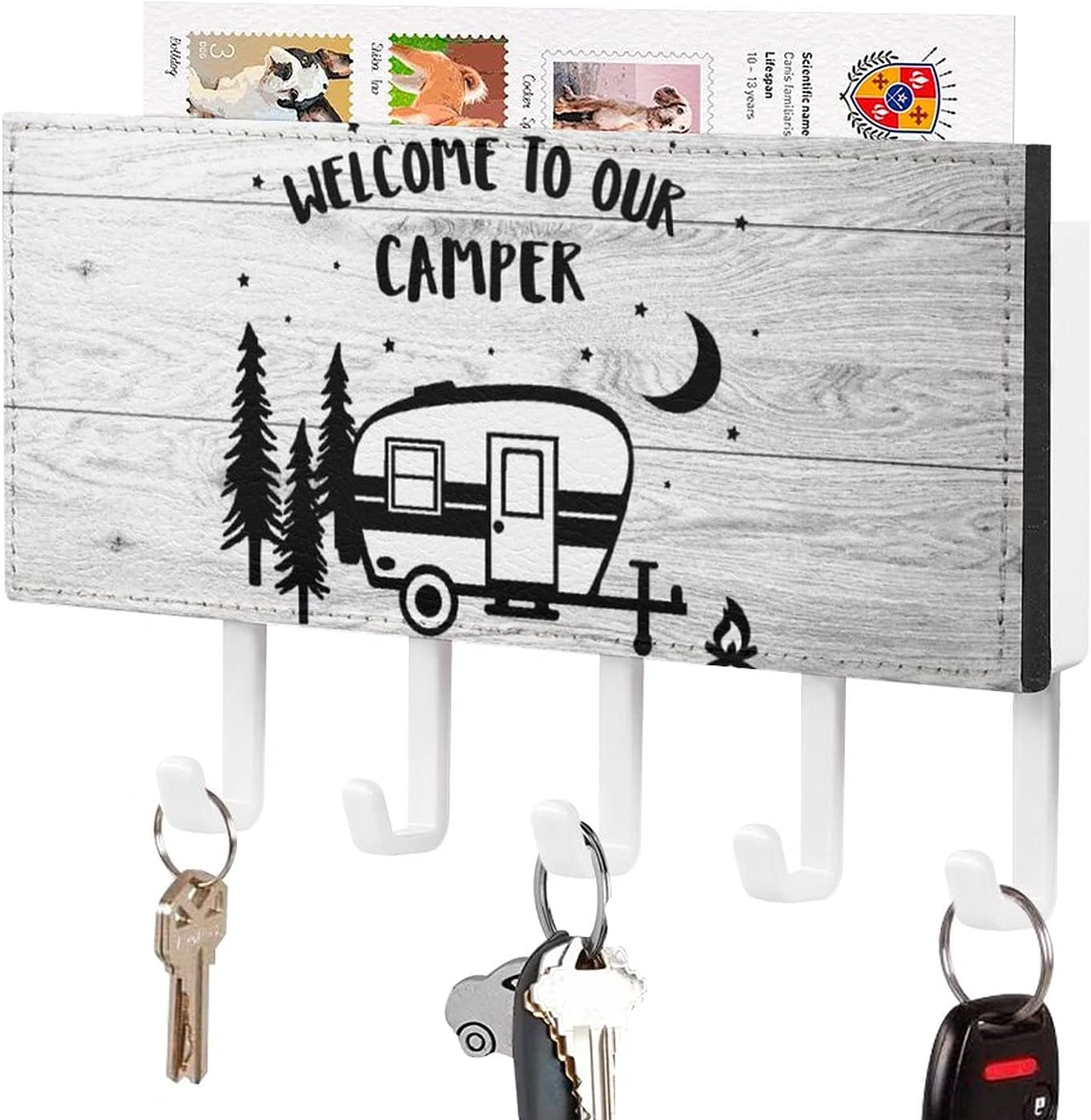 ArogGeld Welcome to Our Camper Self Adhesive Key Holder,Key Hooks Organizer for Wall with Mail Holder,Rustic Key Hangers Home Decorative for Farmhouse Entryroom Mudroom Hallway Kitchen Office Garage