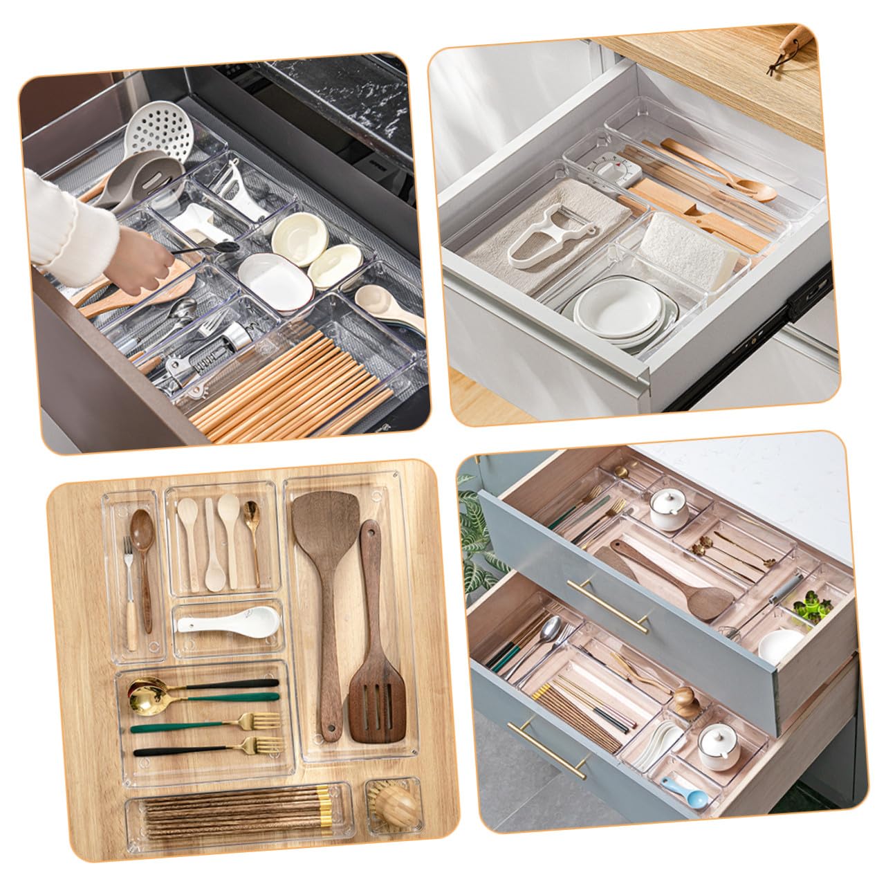 Veemoon Data [ Set Da 7 Contenitori Trasparenti Per Cassetti, Organizer Per Cassetti Da Trucco e Scrivania, Divisori a Griglia in Plastica Resistente Per Bagno, Cucina e Ufficio