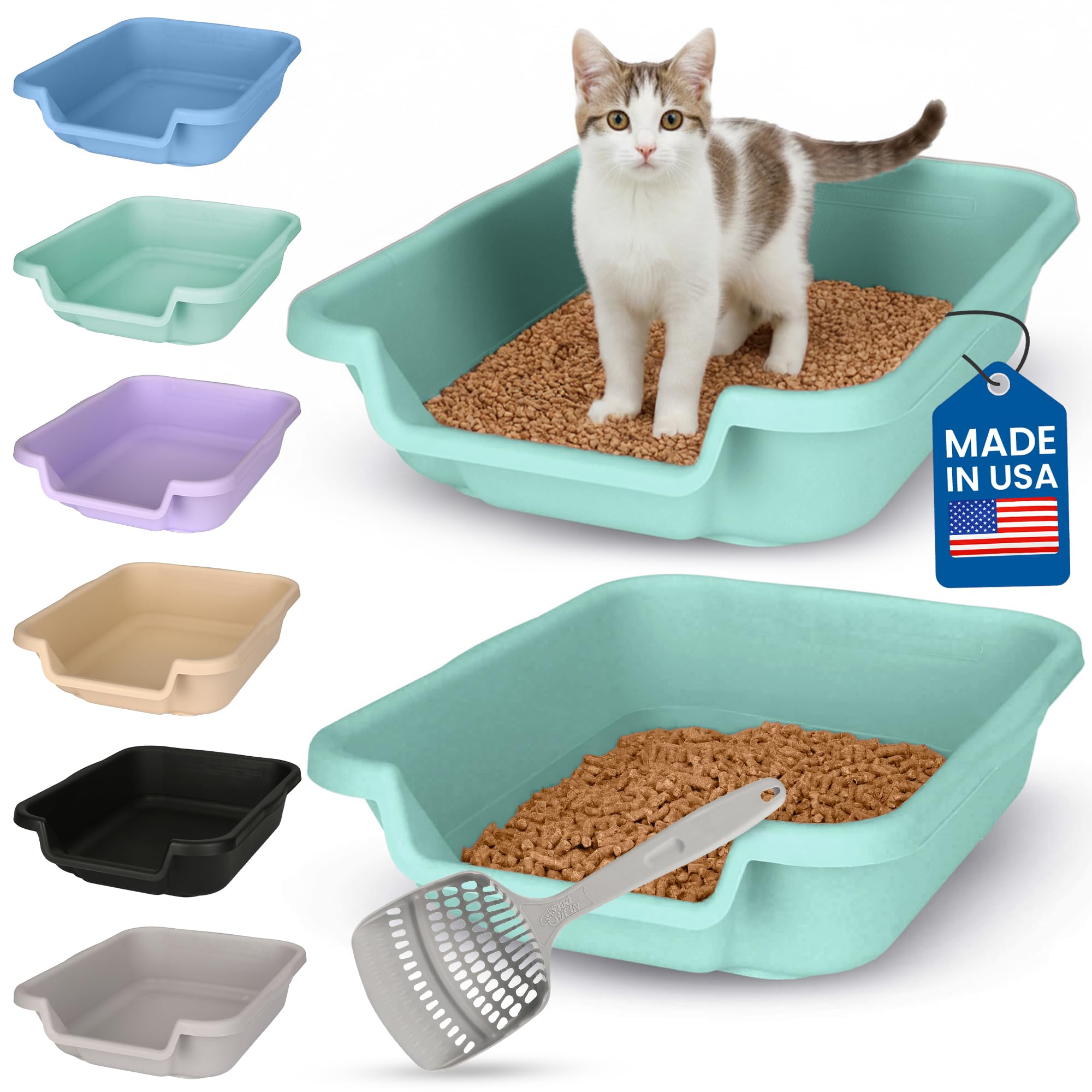 KittyGoHere Senior Cat Litter Box, Small litter pan with Long-Handle Jumbo Scoop, Open Top Low Entrance Kitty Litters Box, Lightweight Low Entry Litter Box, Durable, Made in USA (2 Pack - Apple Green)