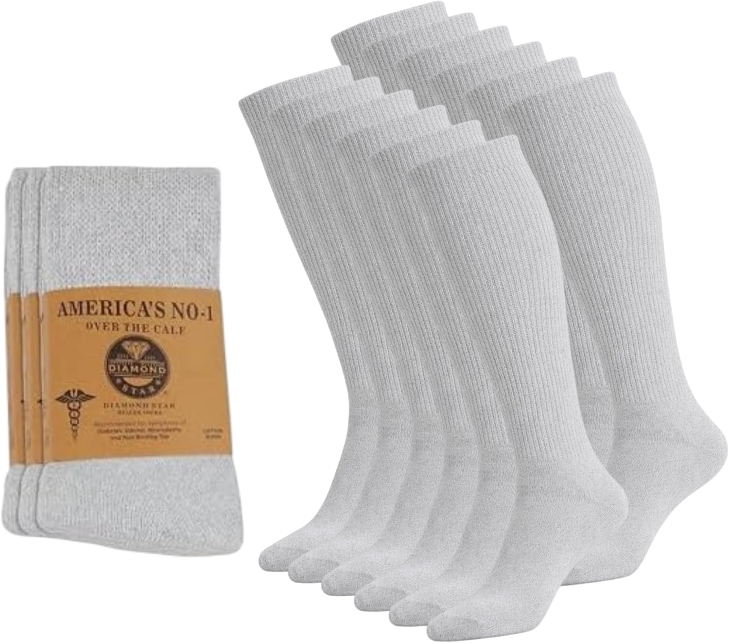 Diamond Star 12 Pairs Diabetic Knee High Socks for Men – Over the Calf Cotton Socks, Non-Binding Comfortable Fit – Men’s Shoe Size 9–12 (12 Pairs Grey)