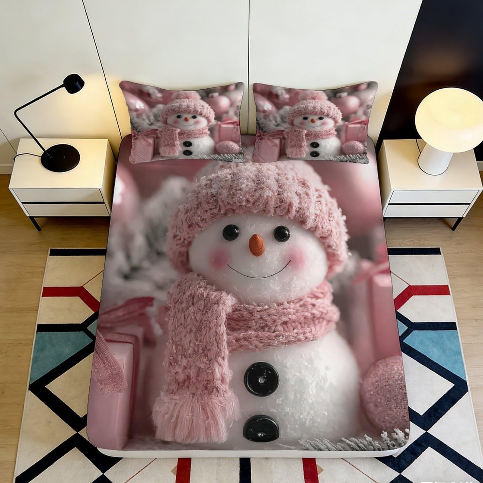 3D Printed Snowman Pattern Fitted Sheet Microfiber Deep Pocket Bedroom Bedding Snowman Mattress Fitted Cover Elastic Hem for Adult/Teen 90x200x25cm