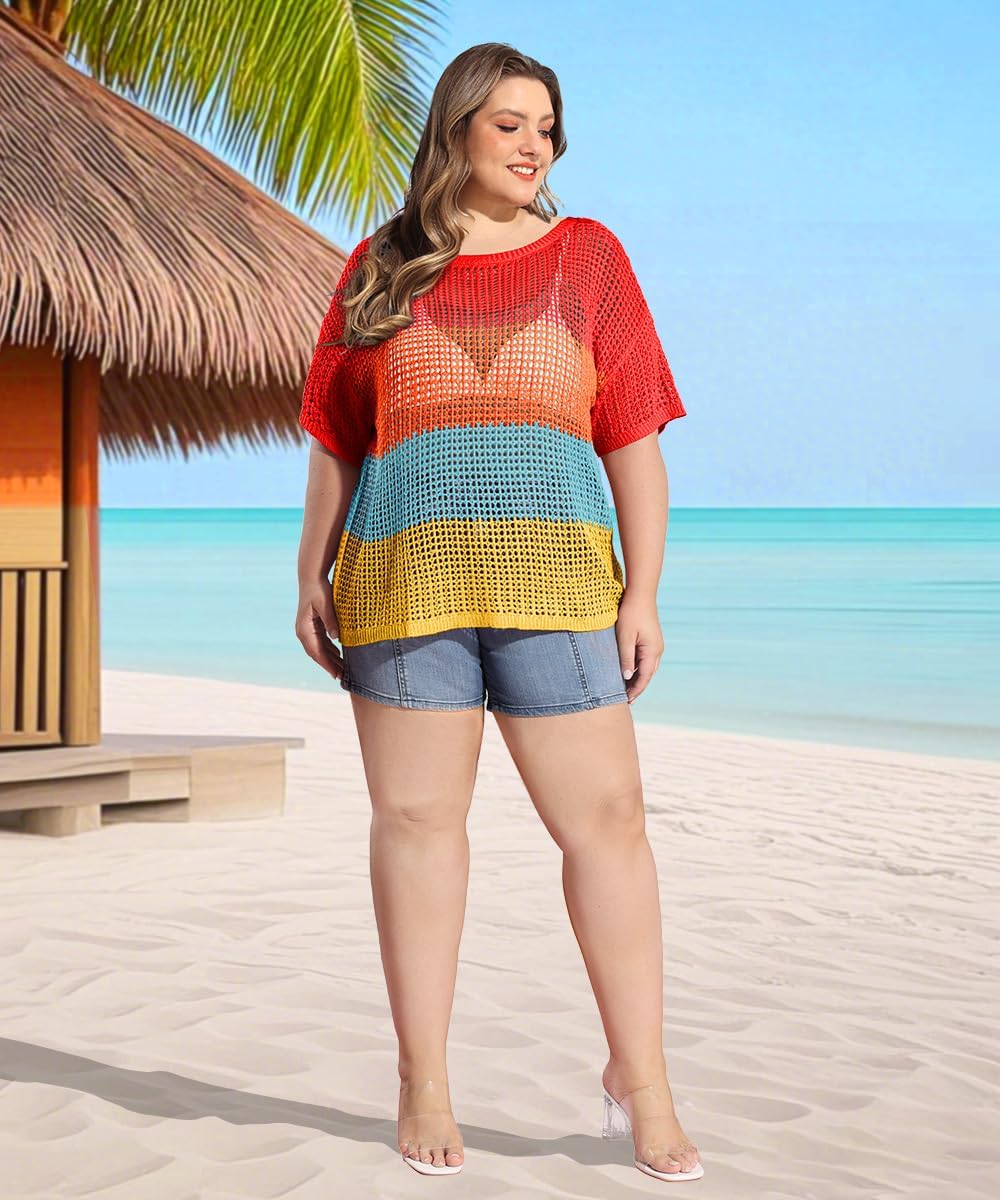 RITERA Plus Size Women Crochet Cover Up Summer Scoop Neck Swimwear Hollow Out Sweater Tops Vacation Beach Shirts XL-5XL - Image 3