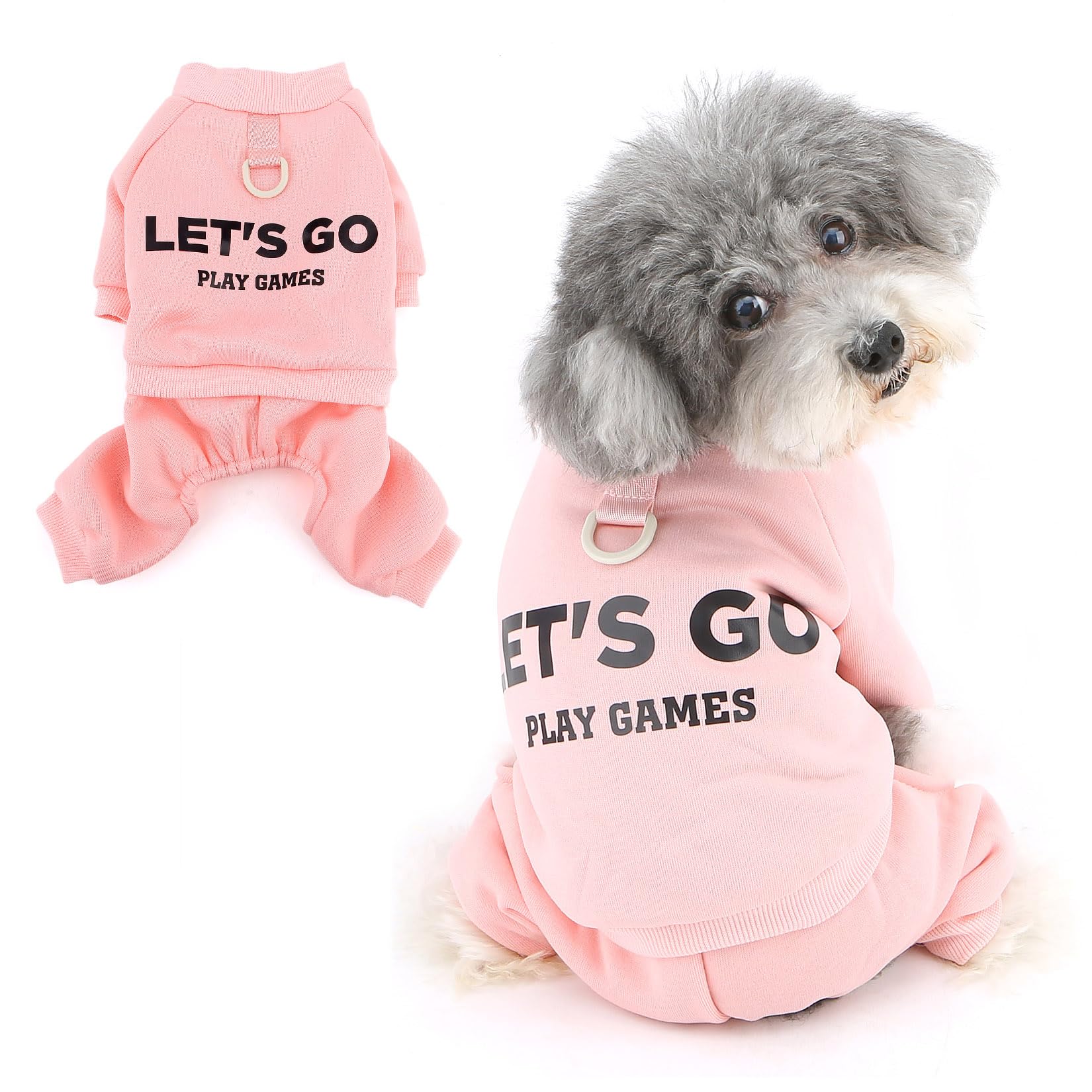 Ranphy Dog Tracksuit for Small Dogs Warm Puppy Jumpsuit with D-Ring and Letter Print Soft 4-Leg Pet Sweatshirt Pjs Cozy Comfortable Outfit Autumn Overall Chihuahua Yorkie Cat Clothes Pink XL