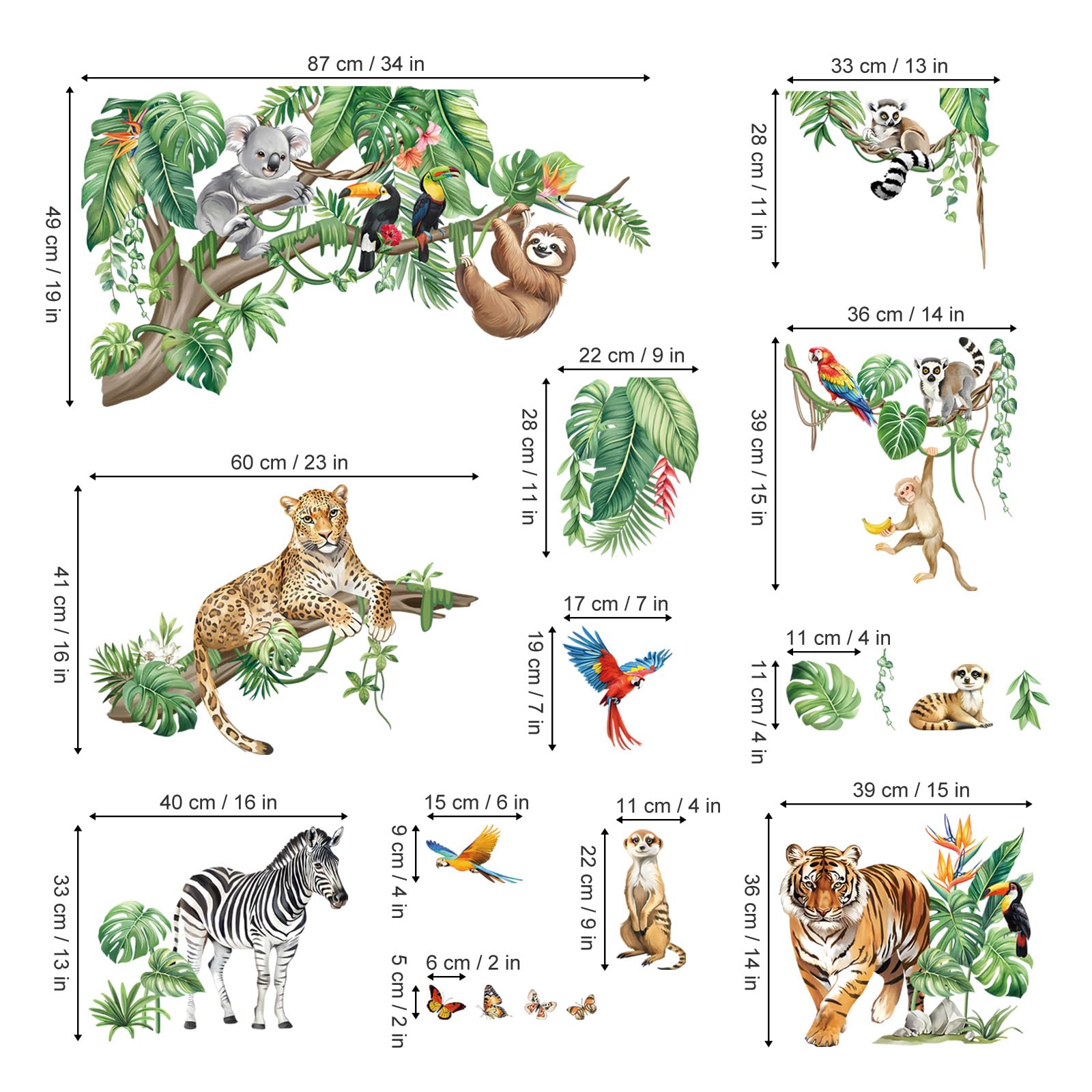decalmile Stickers Muraux XXL Animaux de la Jungle Autocollant Mural Grand Feuilles Tropicales Animaux Safari Tigre Zèbre Décoration Murale Bébé Pépinière Chambre Enfants