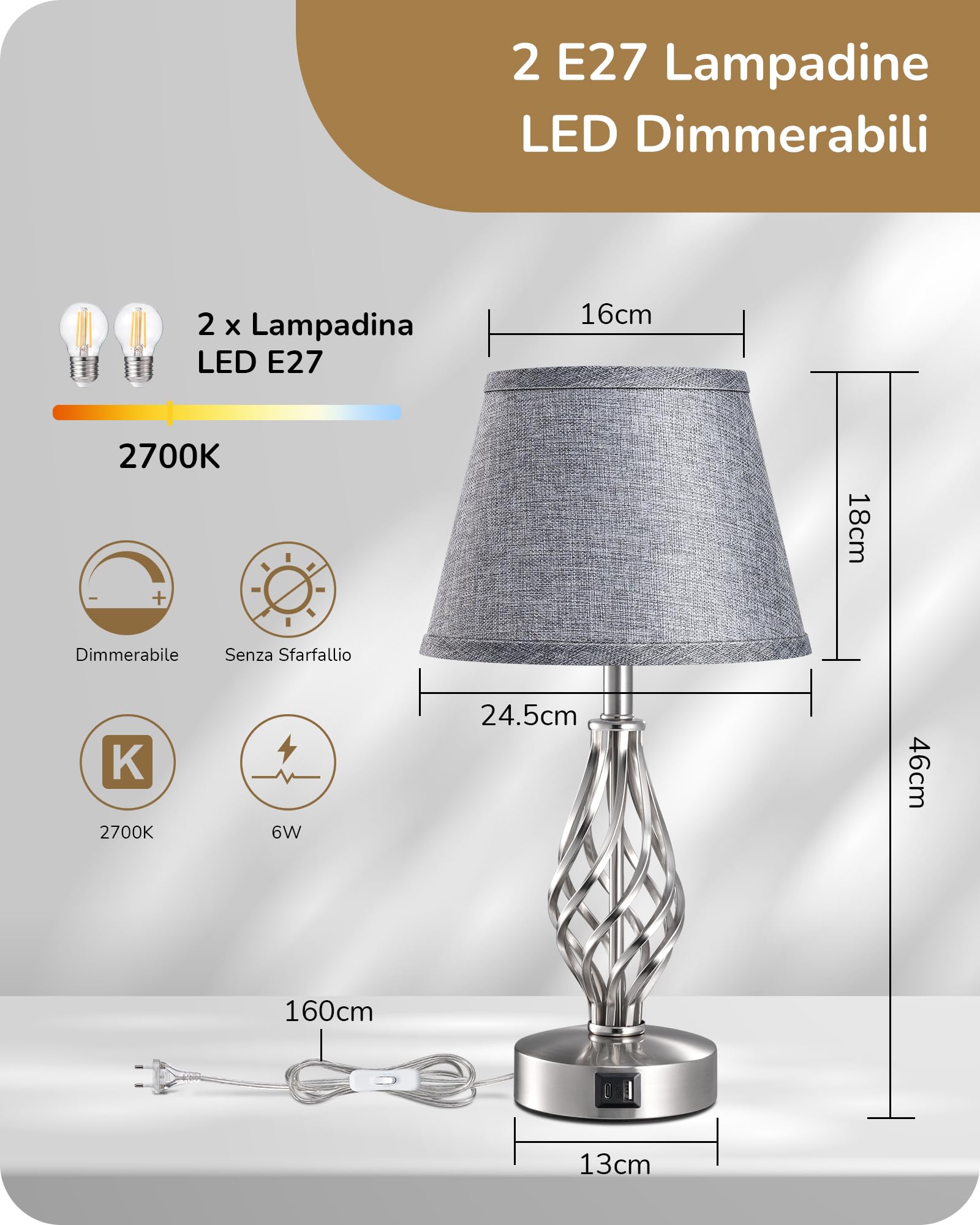 EDISHINE 2 Lampade da Comodino, Funzione di Ricarica, LED Touch Dimmerabile | 2 Porte USB, Lampada Decorativa per Camera da Letto, Soggiorno e Davanzale, Paralume in Lino, Grigio