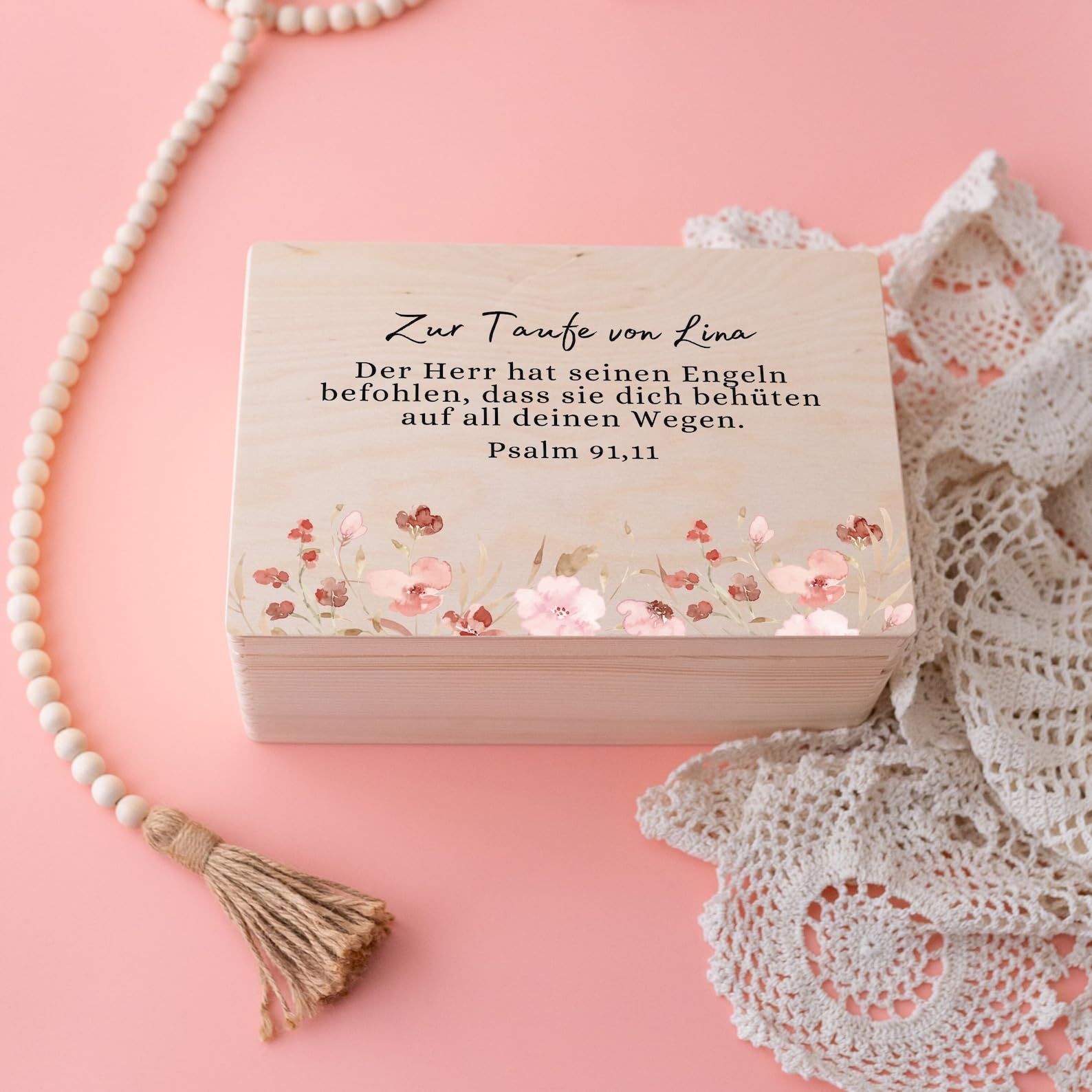 Bärenfreunde - Personalisierte Erinnerungsbox Baby mit Spezial-Druck - Individuelle Baby Erinnerungsbox - Erinnerungskiste Taufe - Geschenk zur Taufe (M flach | Klappdeckel,Taufpsalm Blumen)