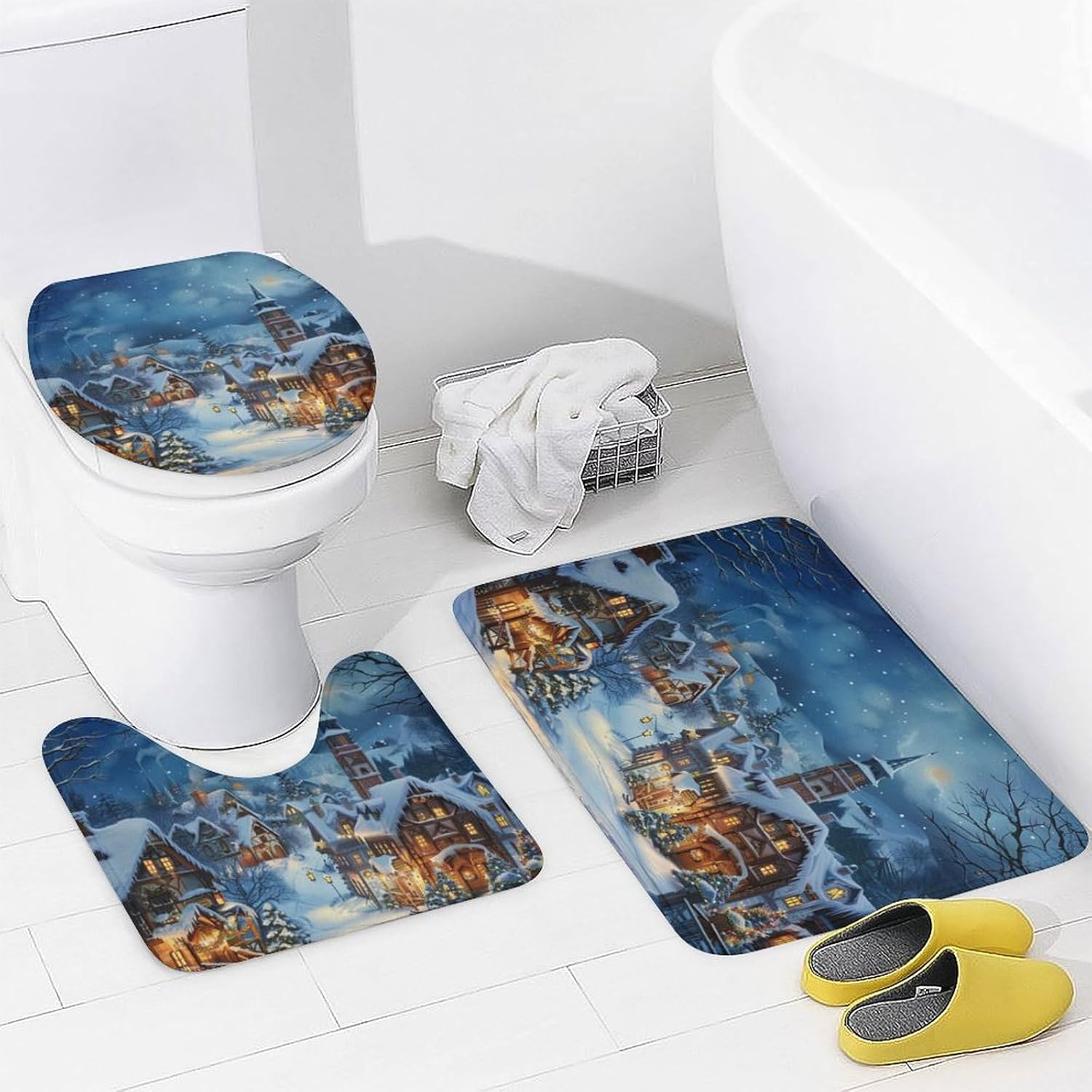 4Pcs Christmas Tree Town Cabin Shower Curtain Set with Toilet Lid Cover Non-Slip Rugs for Bathroom, Winter Snow House Shower Curtain Bathroom Sets with Hooks, 72x72 Inch