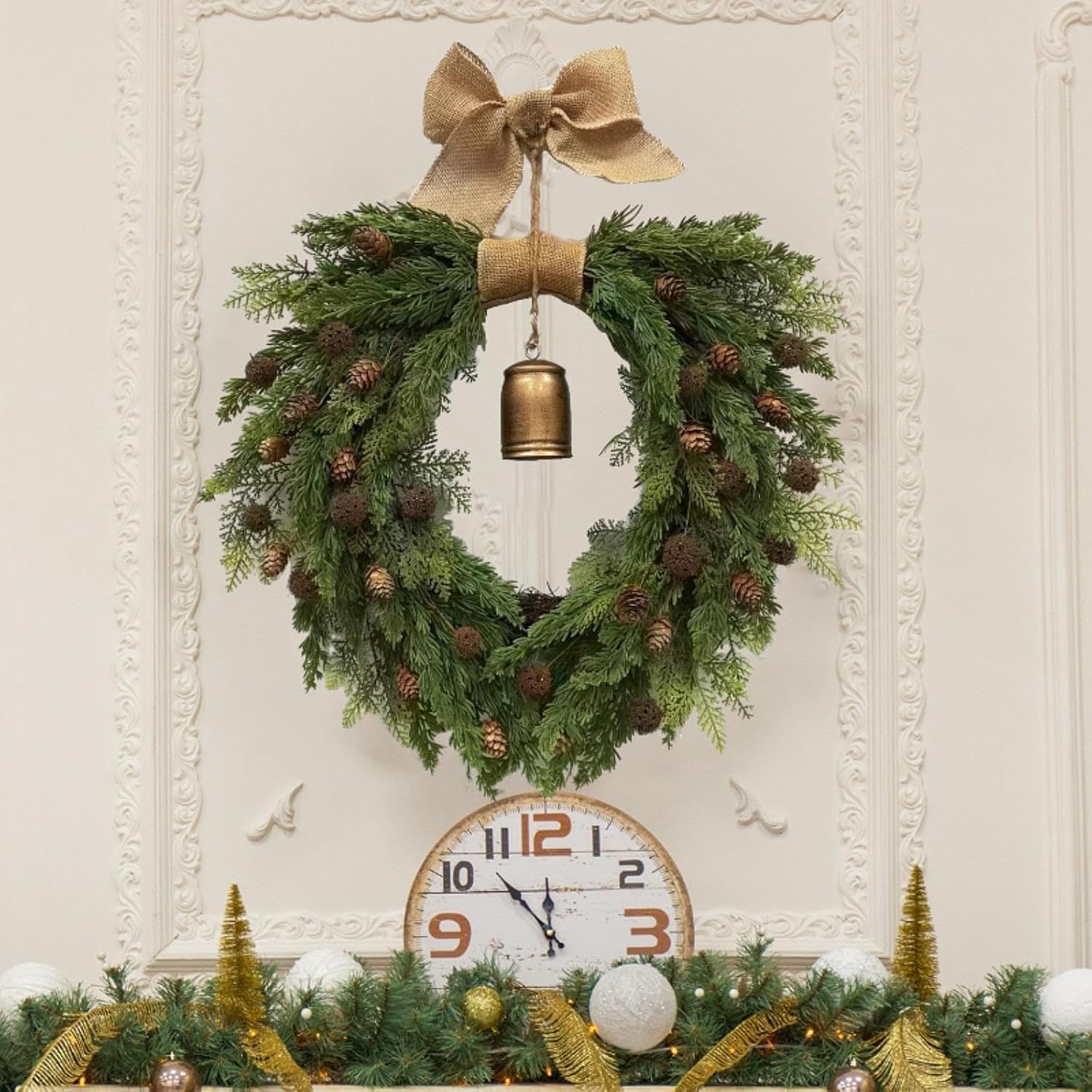 Christmas Bell Wreath Artificial Garland Hanging Rustic Artificial Wreath Decor for Party Celebration Indoor Outdoor Home
