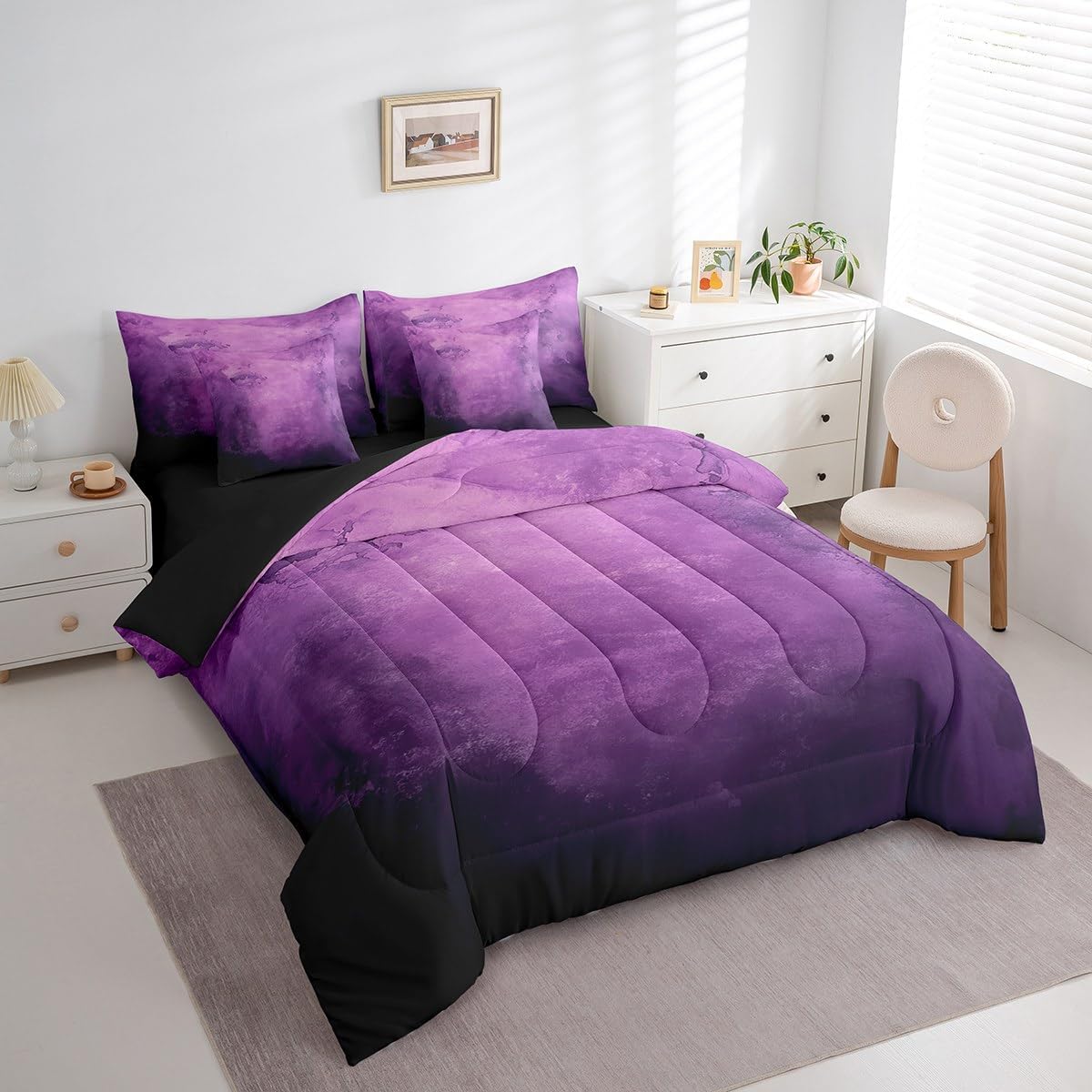 Erosebridal Purple And Black Abstract 7 Piece Queen Comforter Set, Smoky Gradient Soft Bedding For Kids Girls Boys, Watercolor Art Aesthetic Bed in a Bag Bed Sheets Set For Sofa, Ombre Tie Dye Bed Set