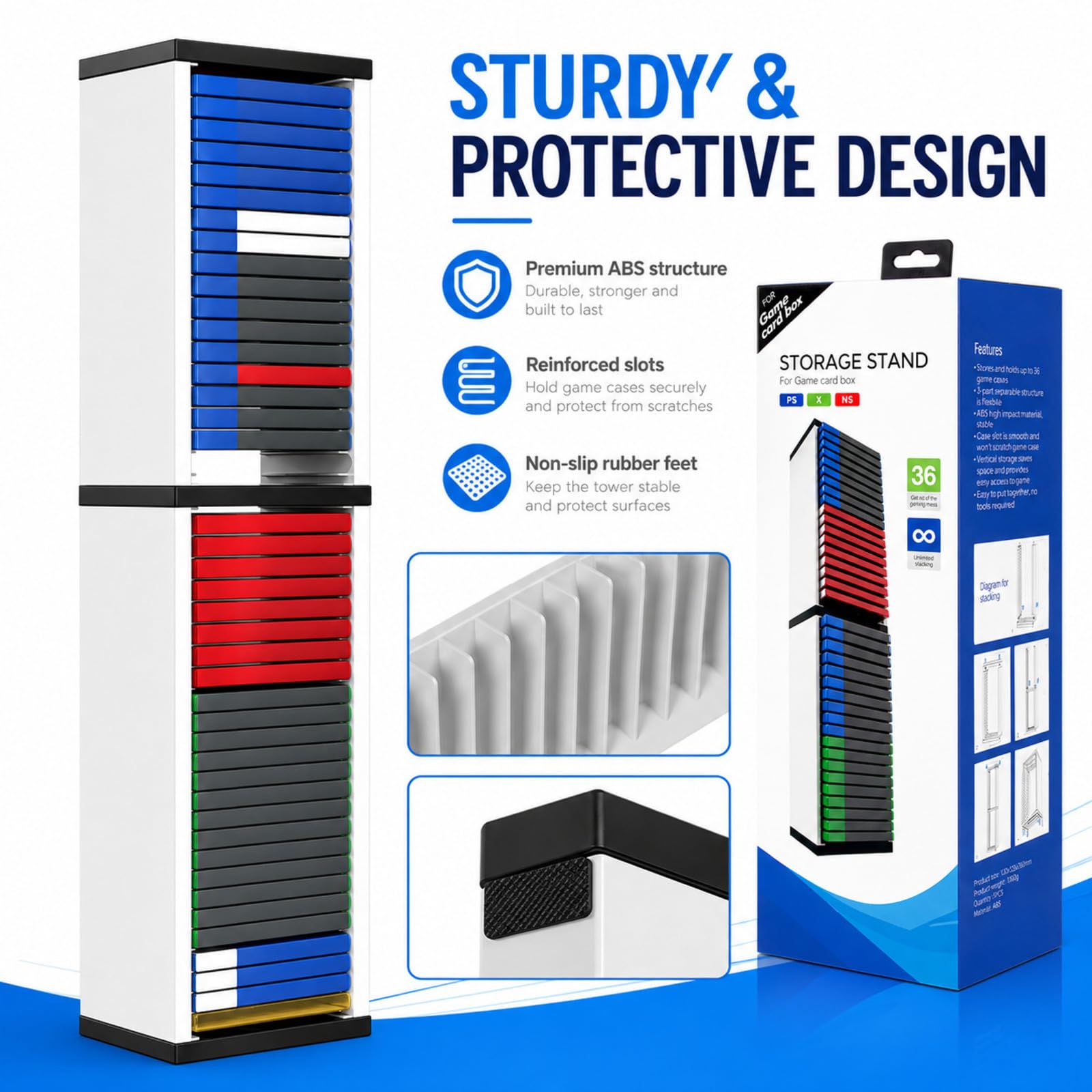 Soporte de torre de almacenamiento universal para videojuegos, capacidad para 36 juegos, organizador multifuncional para PS5, PS4, Xbox Series X/S, estuches de juegos Switch, DVD y discos