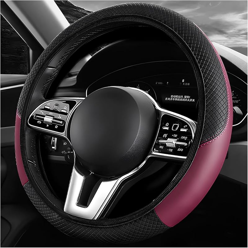 Car Steering Wheel Cover, 15 Inch Breathable Leather Elastic Vehicle Wheel Protector, Universal Non-Slip Carbon Fiber Steering Wheel Wrap Comfy Grip for Cars Trucks SUVs (Wine Red, AD)
