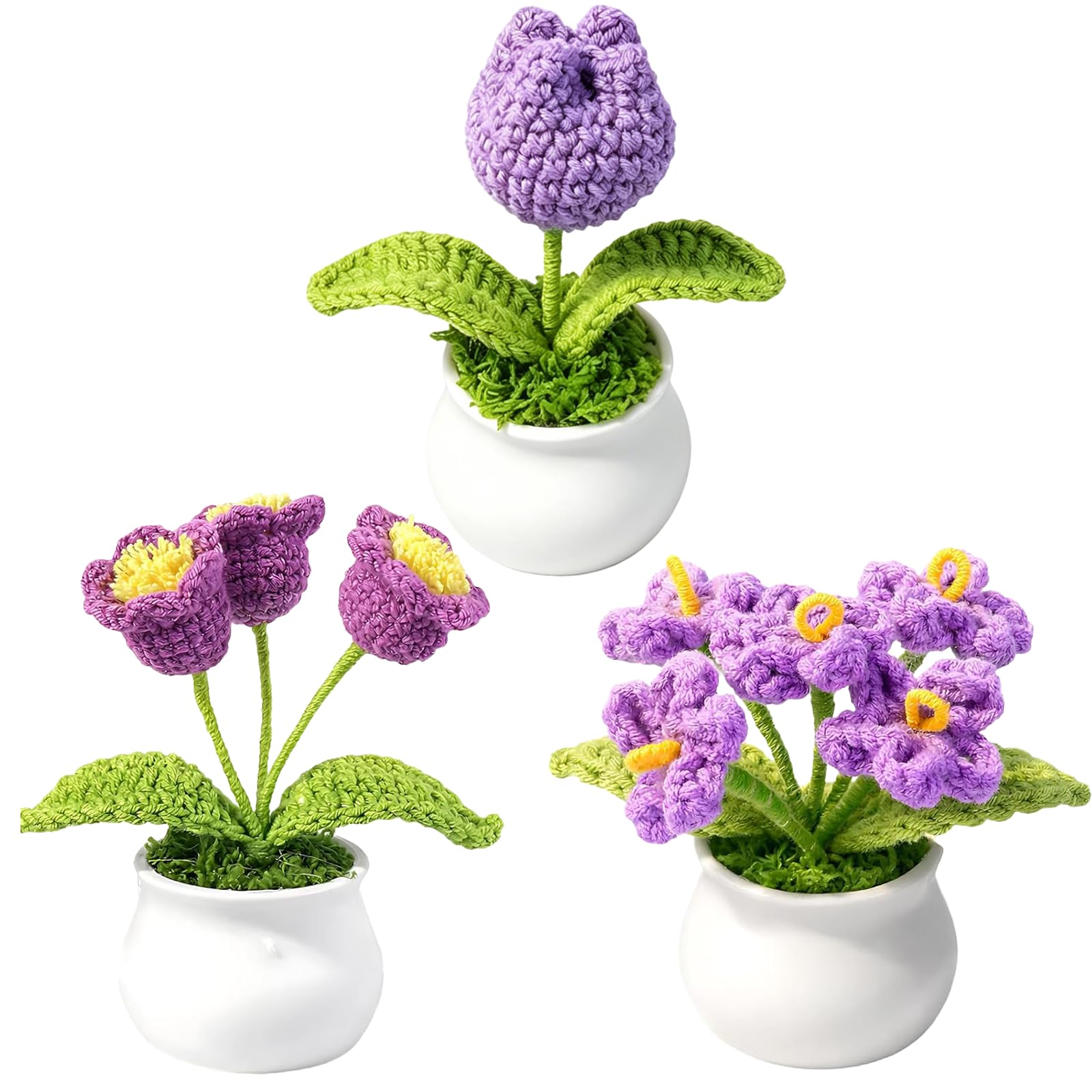 DNTHYRIN 3Pcs Knitted Flowers, Purple Themed Collection, Handcrafted Home Decor, Forgetting-Me-Not Tulip Lily of the Valley Arrangement, Long Lasting Floral Display