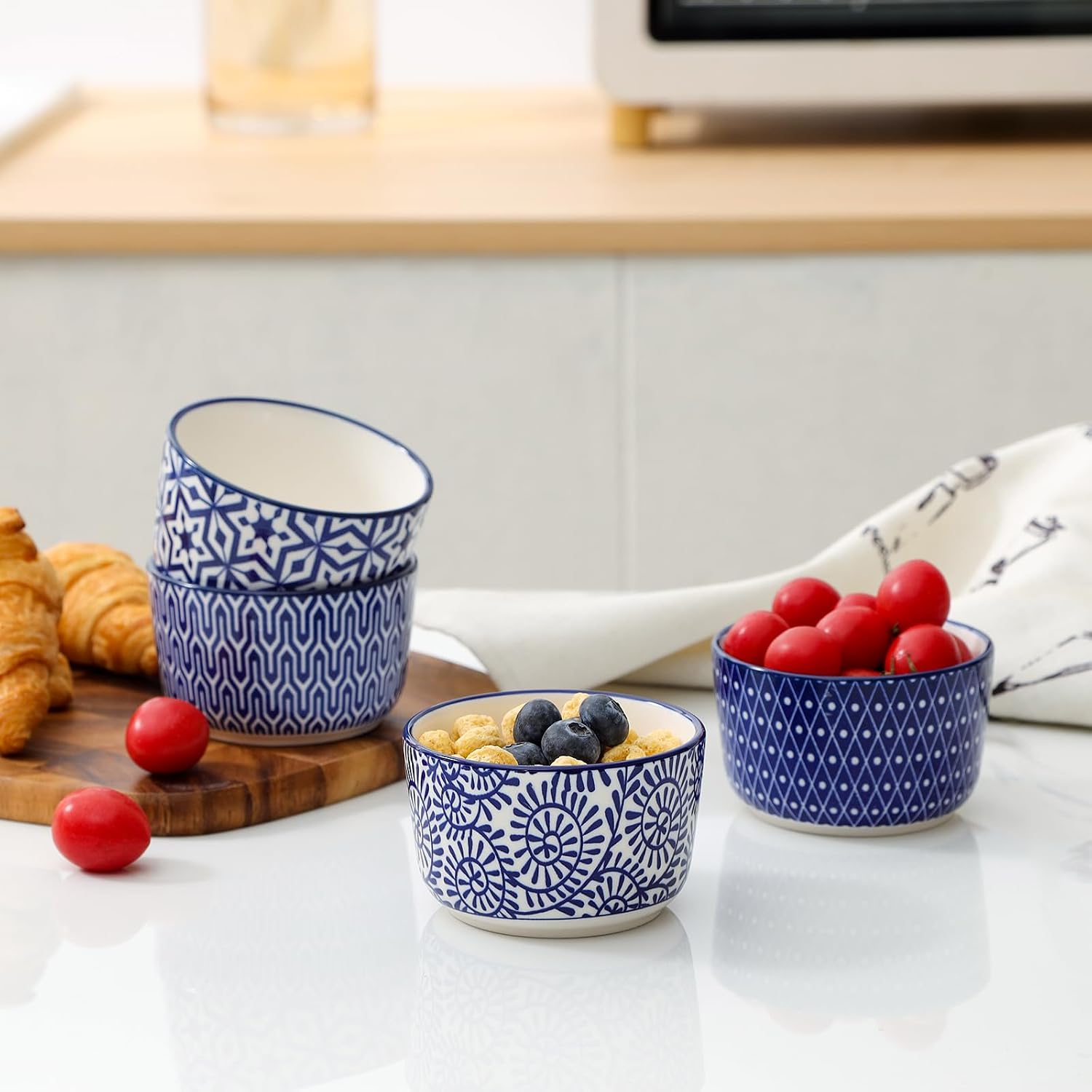 Condition photo showing New/Like New for selamica ceramic 6 oz ramekins oven safe, creme brulee ramekins, souffle dishes custard cups for baking, mini bowls for pudding dip ice cream, set of 6, vintage blue vintage blue 6 oz