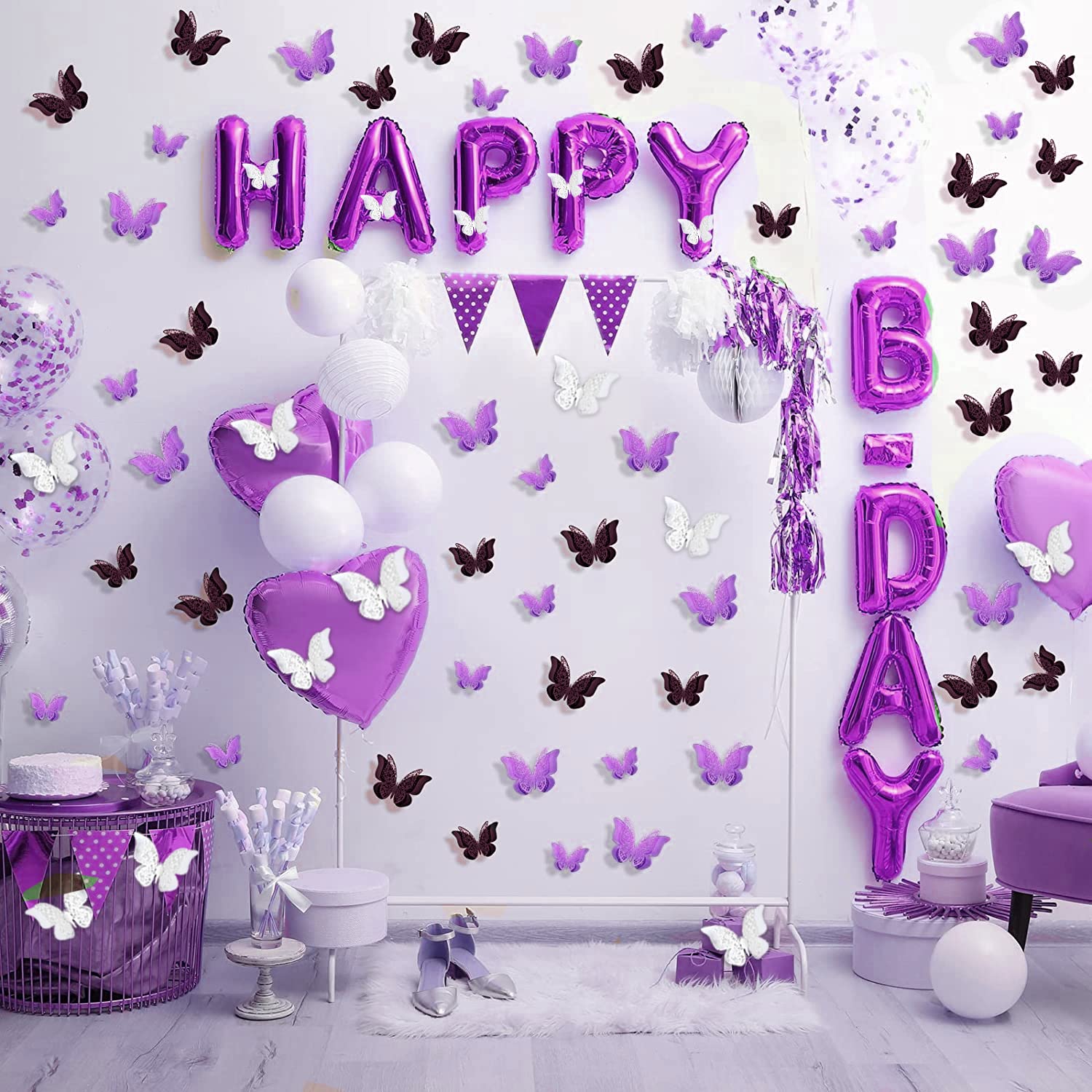 Xtore 120 Pcs Stunning 3D Purple and White Butterfly Wall Decor -(Purple & White) 3