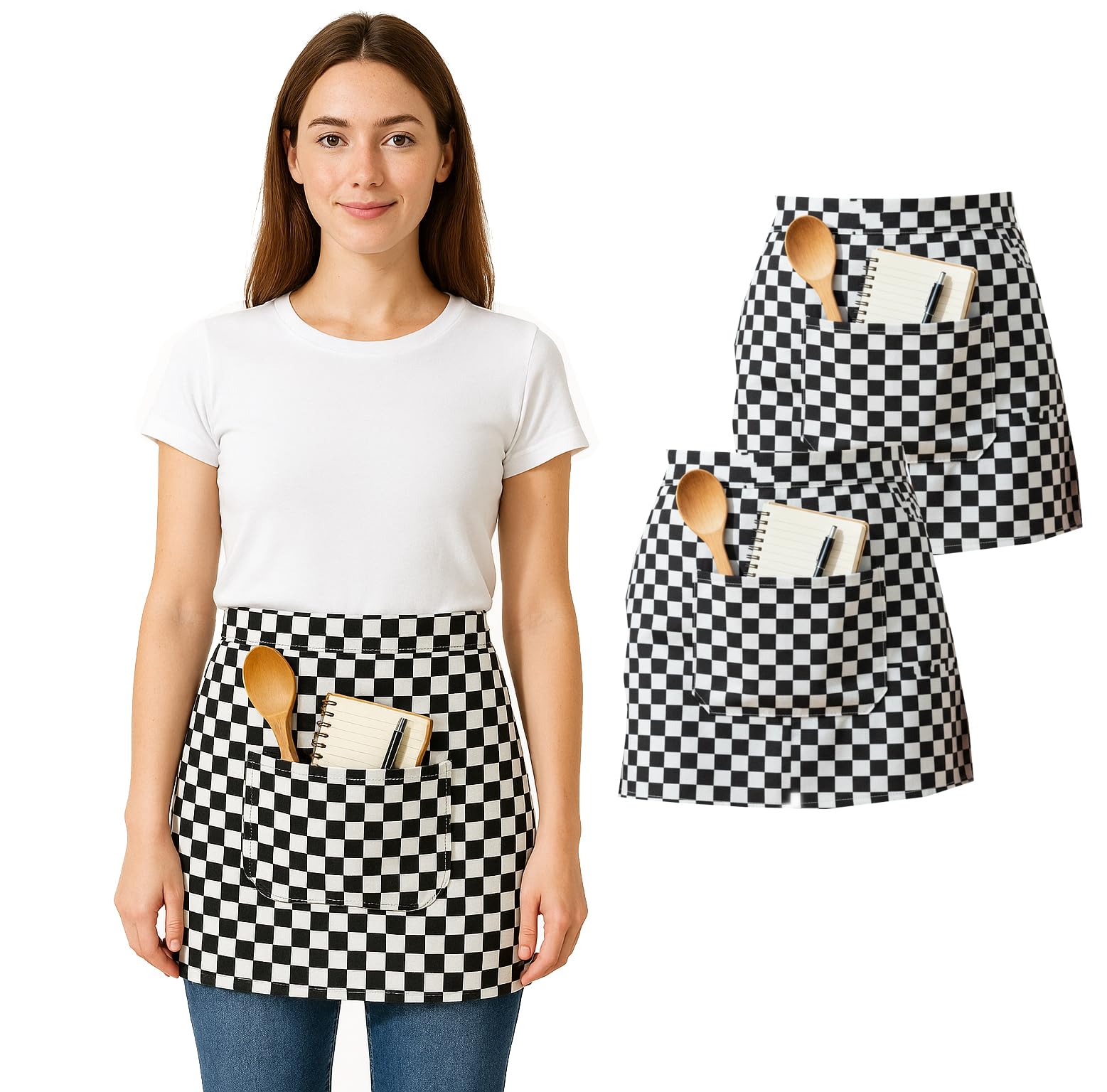 IBEX Unisex Short Waist Apron with 2 Pocket - Professional Catering, Restaurant, Bar & Kitchen Apron for Chefs, Waiters, Bartenders, Servers & Home Cooking - Black Check (Pack of 2)