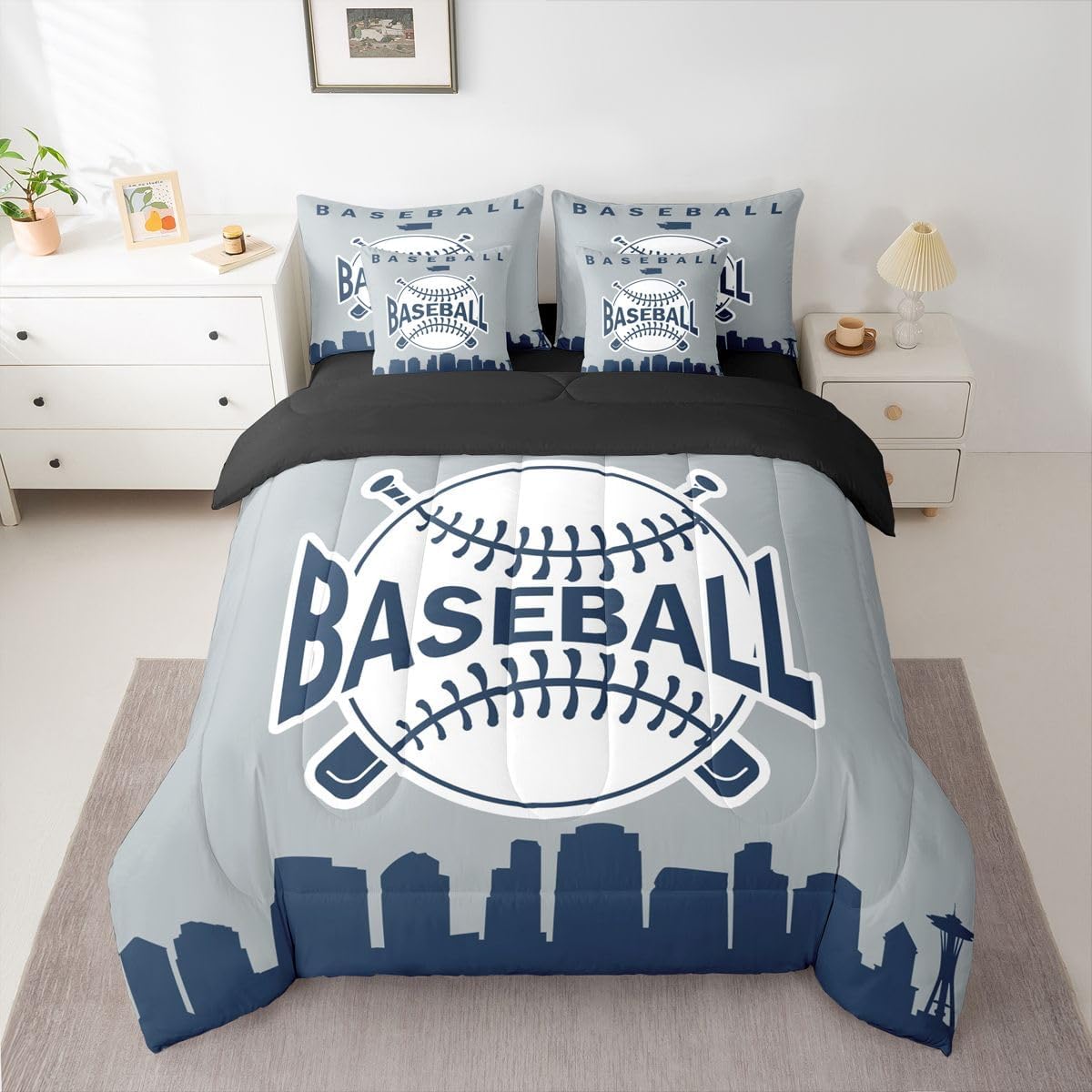 Kids Baseball 7 Piece Bedding Set For Queen Bed,Baseball City Bed In A Bag Sports Ball Games Comforter Set With Sheets City Building Silhouette Bed Sets For Boys Teens Adult, Grey Navy Blue