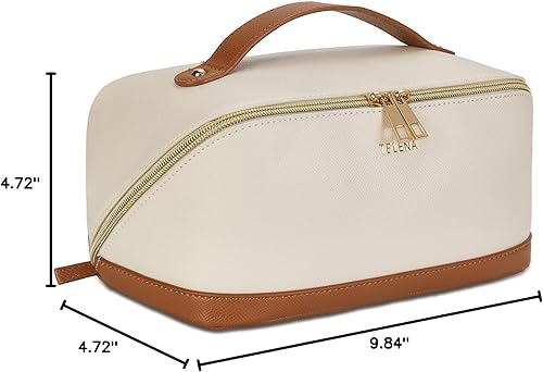 Miniatura 9 de Bolsa de Maquillaje de Cuero Telena, Bolsa de Maquillaje Portátil para Viaje, Bolsa de Cosméticos Impermeable para Mujeres de Gran Capacidad con Asa