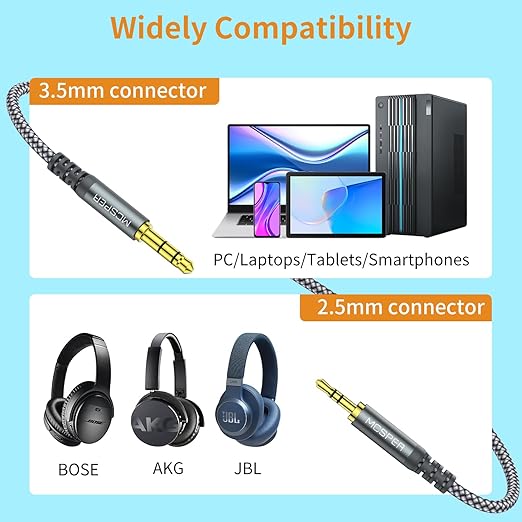 Cable de audio auxiliar de 3.5mm a 2.5mm, 5 pies, trenzado, color gris miniatura 3