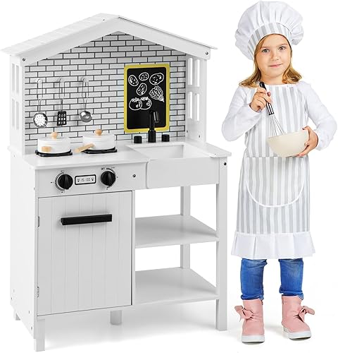 Costzon Juego de cocina para niños, cocina de madera con pizarra, estufas, fregadero y grifo, armario de almacenamiento, juego de cocina de juguete