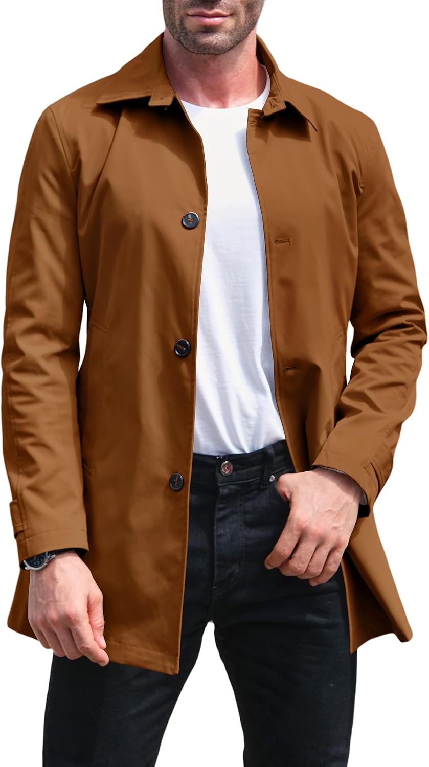 Makkrom Mens Trench Coat Single Breasted Casual Spread Collar Windbreak Jacket Long Classic Business Overcoat