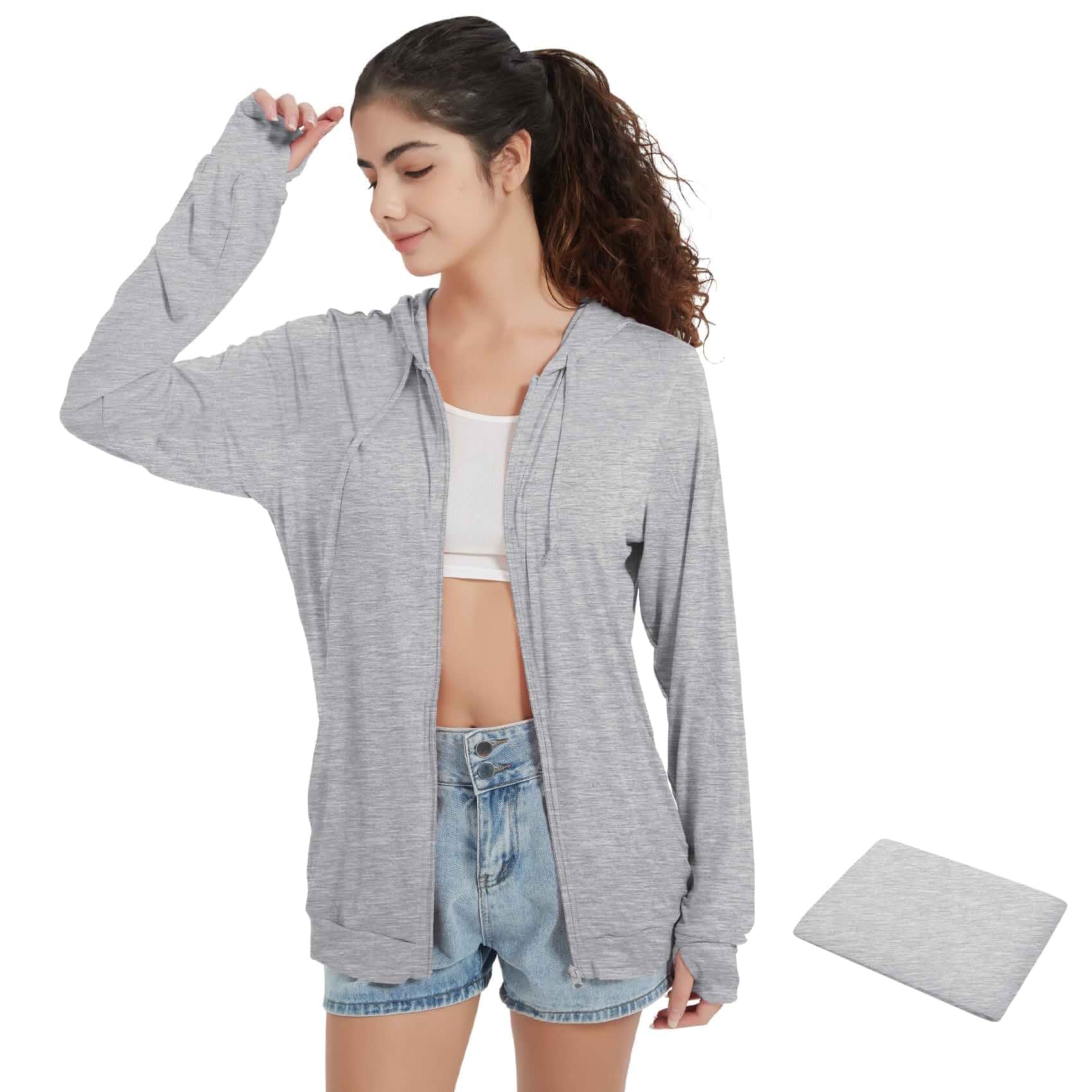 QBK Light Weight Zip Up Hoodie Thin Summer Jacket For Women Lightweight, Foldable Design, Thumb Hole Sleeves, For Travel Sports & Daily Wear