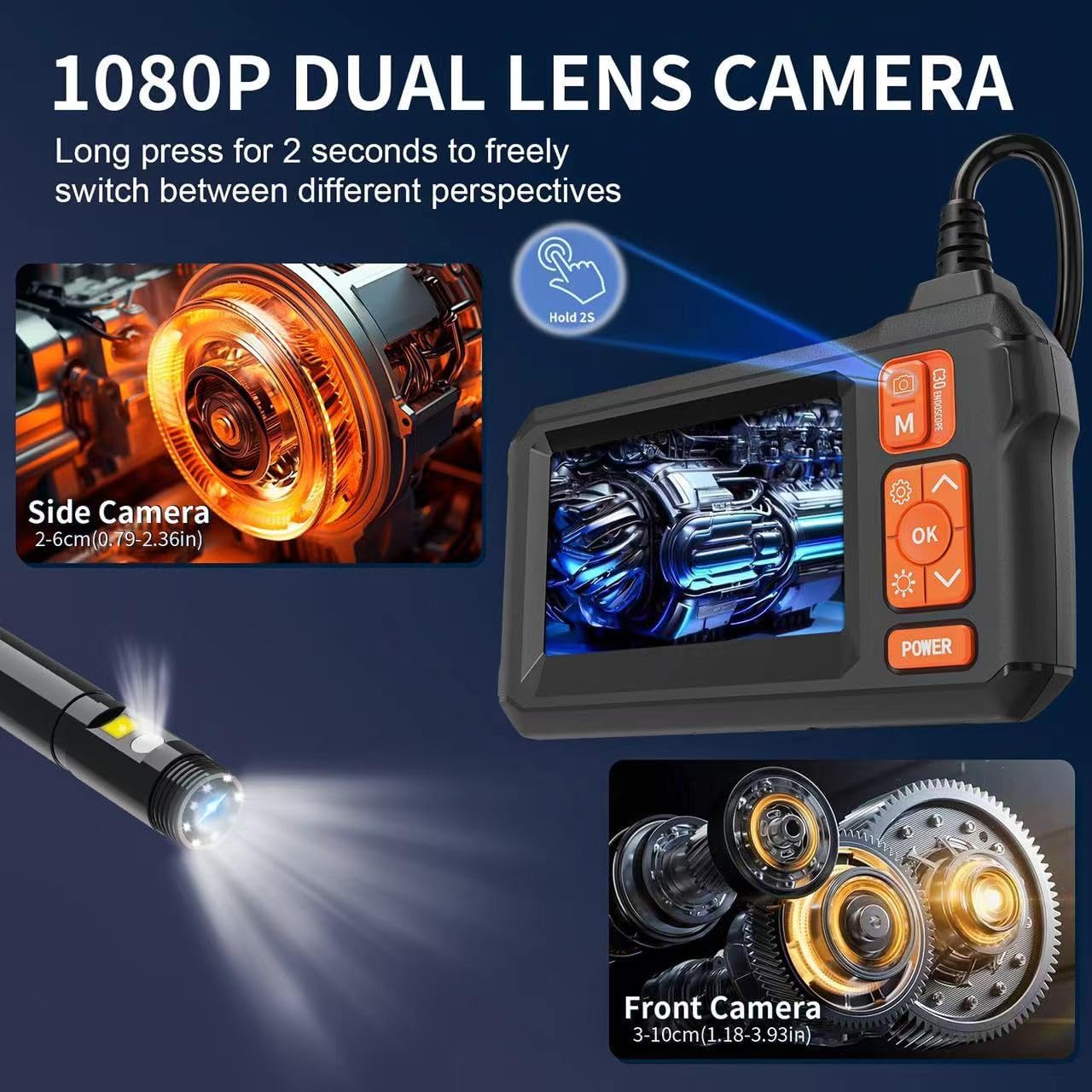 Diagram showing the dual lens functionality of the endoscope, with separate views for front and side cameras.