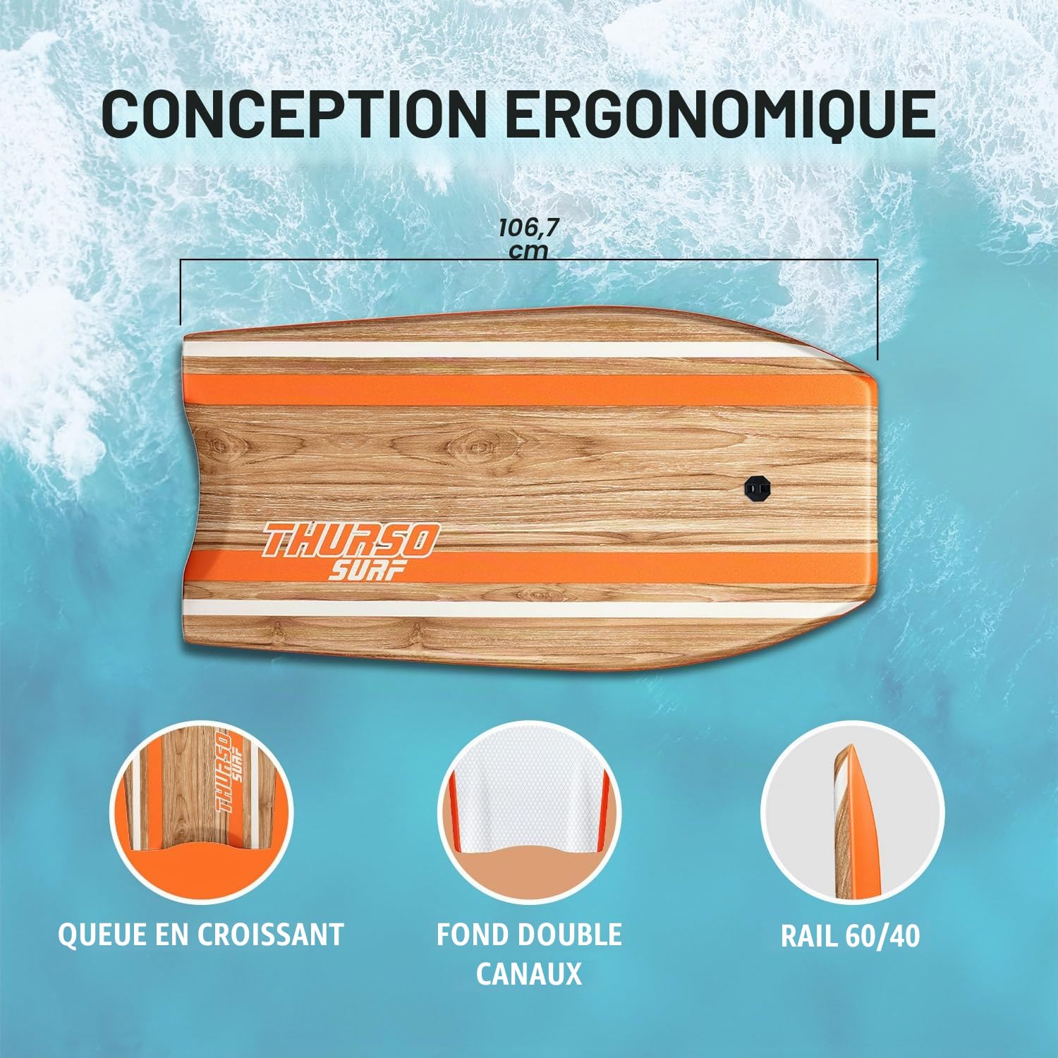 THURSO SURF Quill Bodyboard léger et durable en EPS Core IXPE avec fond lisse en polyéthylène haute densité, queue croissante, double canal en maille plastique avec double émerillon en acier