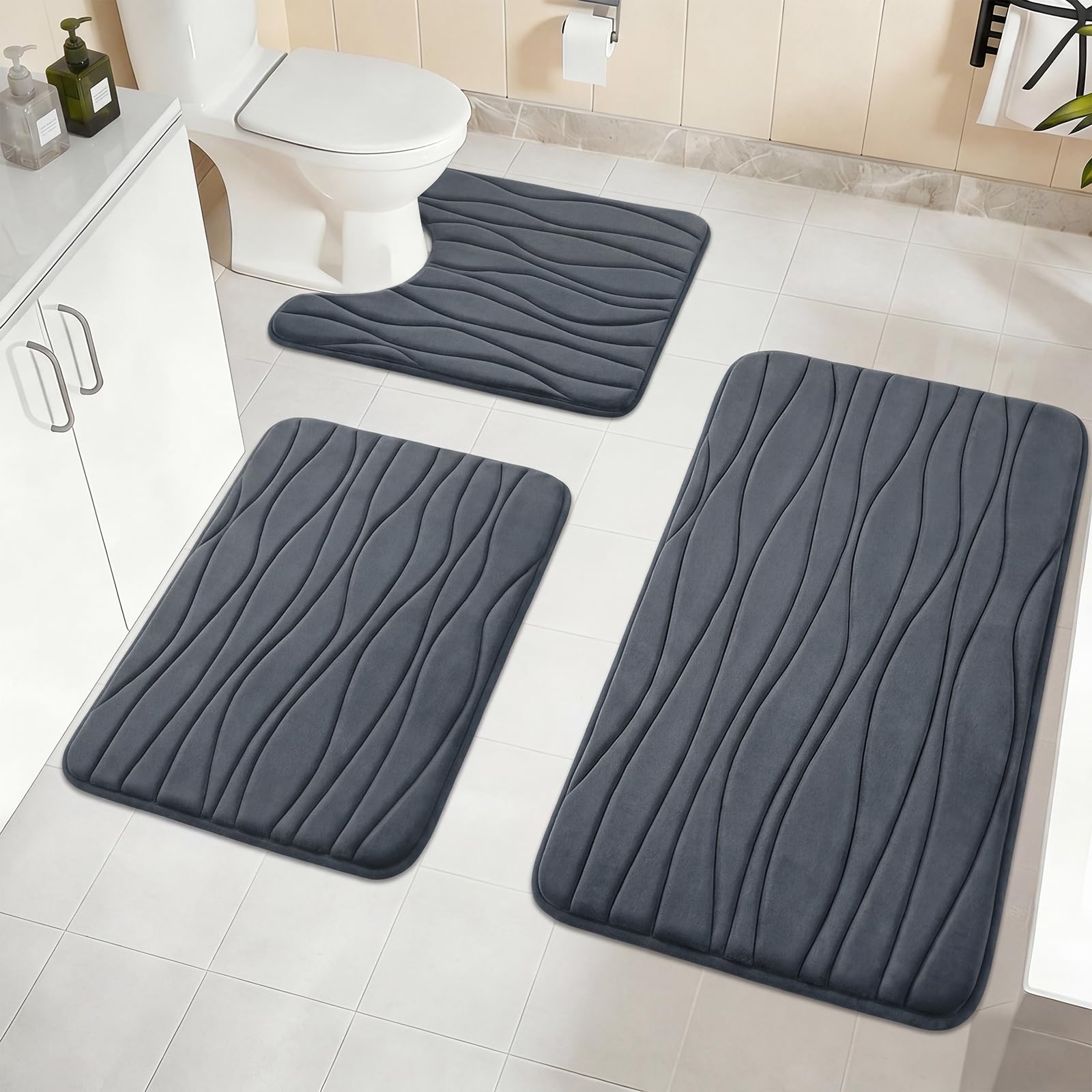 Homcomodar Bath Mat Sets 3 Piece Soft Memory Foam Bathroom Mat Sets Water Absorbent Bath Mats for Bathroom Washable Non Slip Bath and Toilet Rug Set for Shower Floor Bathrooms Decor（Dark Grey）